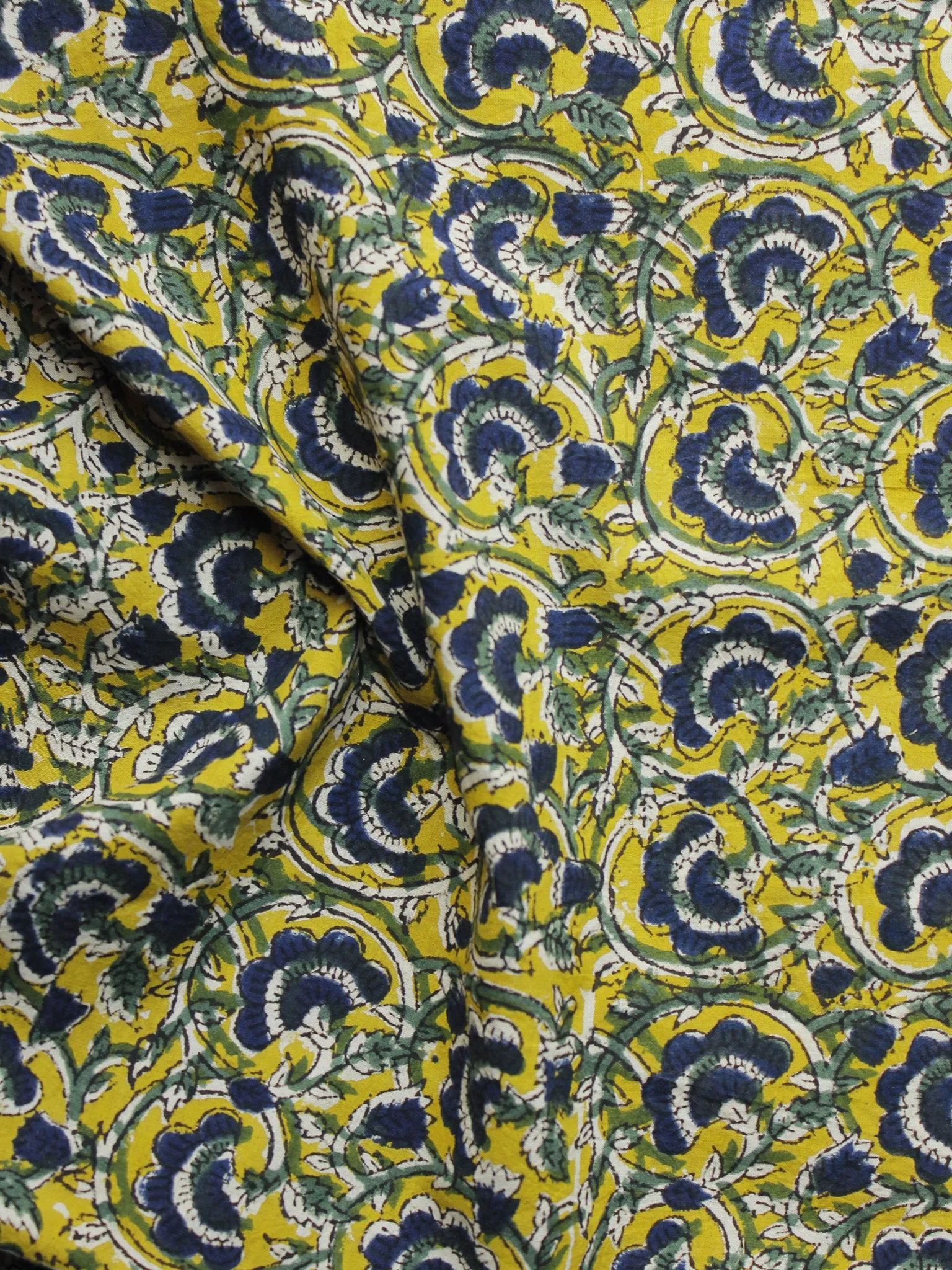 Mustard Indigo White Hand Block Printed Cotton Fabric Per Meter - F001F994