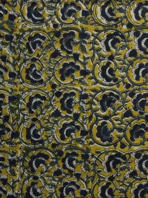 Mustard Indigo White Hand Block Printed Cotton Fabric Per Meter - F001F994