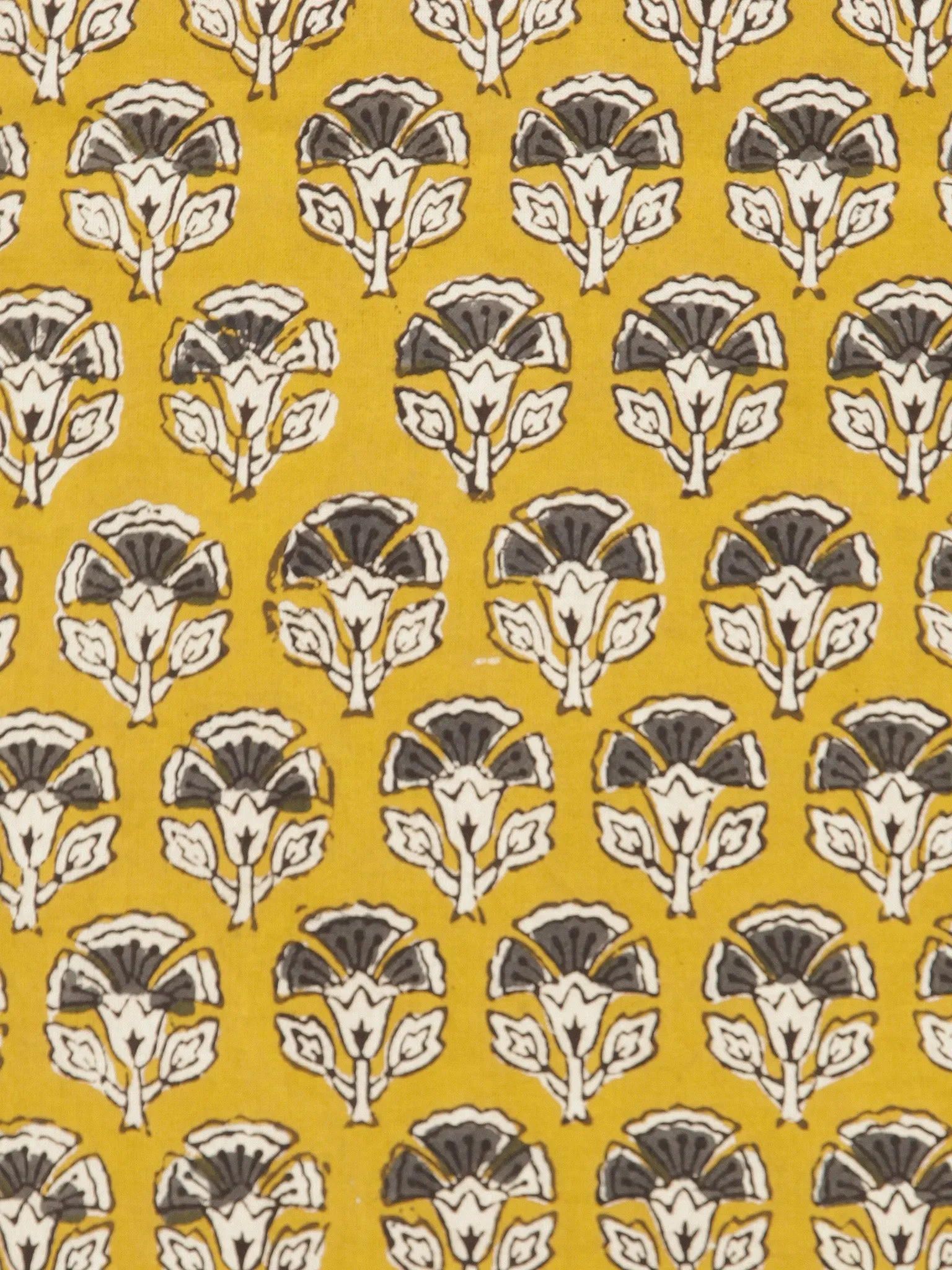 Mustard Ivory Grey Hand Block Printed Cotton Fabric Per Meter - F001F1735