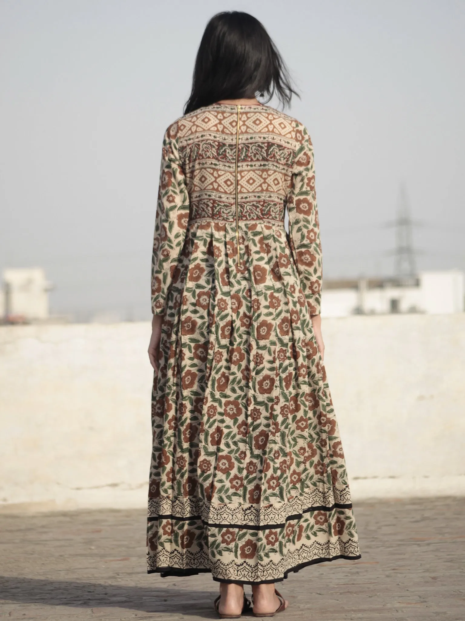 Naaz Beige Green Brown Black Hand Block Printed Long Cotton Dress with Knife Pleats and Side Pockets - DS13F001