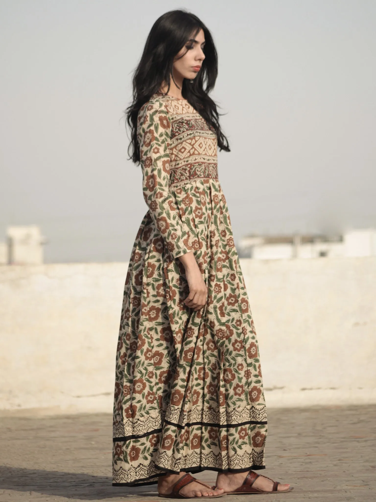 Naaz Beige Green Brown Black Hand Block Printed Long Cotton Dress with Knife Pleats and Side Pockets - DS13F001