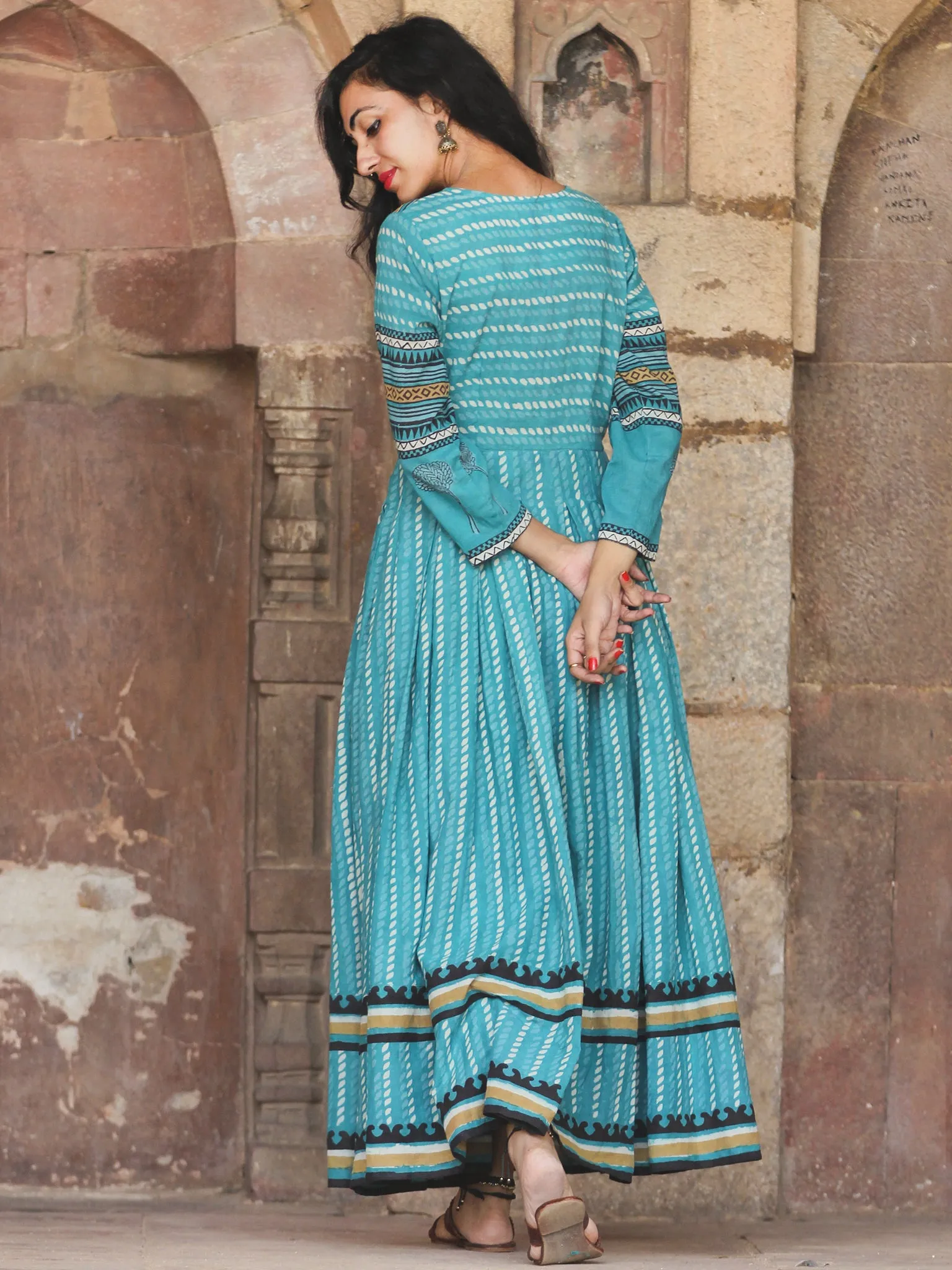 Naaz Block Heritage - Hand Block Printed Long Cotton Pleated Flare Dress - DS68F001