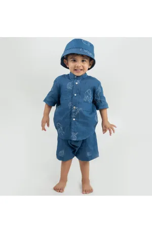 Navy blue linen printed shirt with bottom and hat