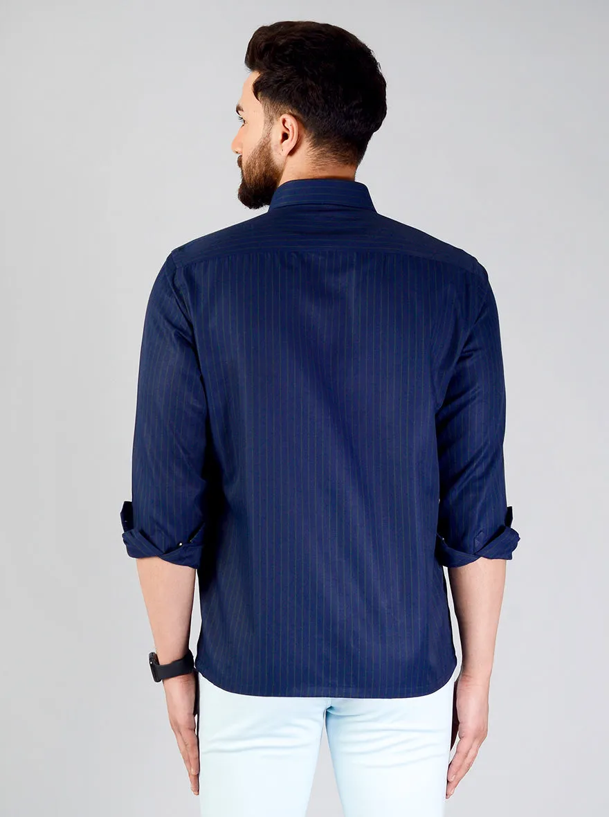 Navy Blue Striped Regular Fit Formal Shirt | Greenfibre