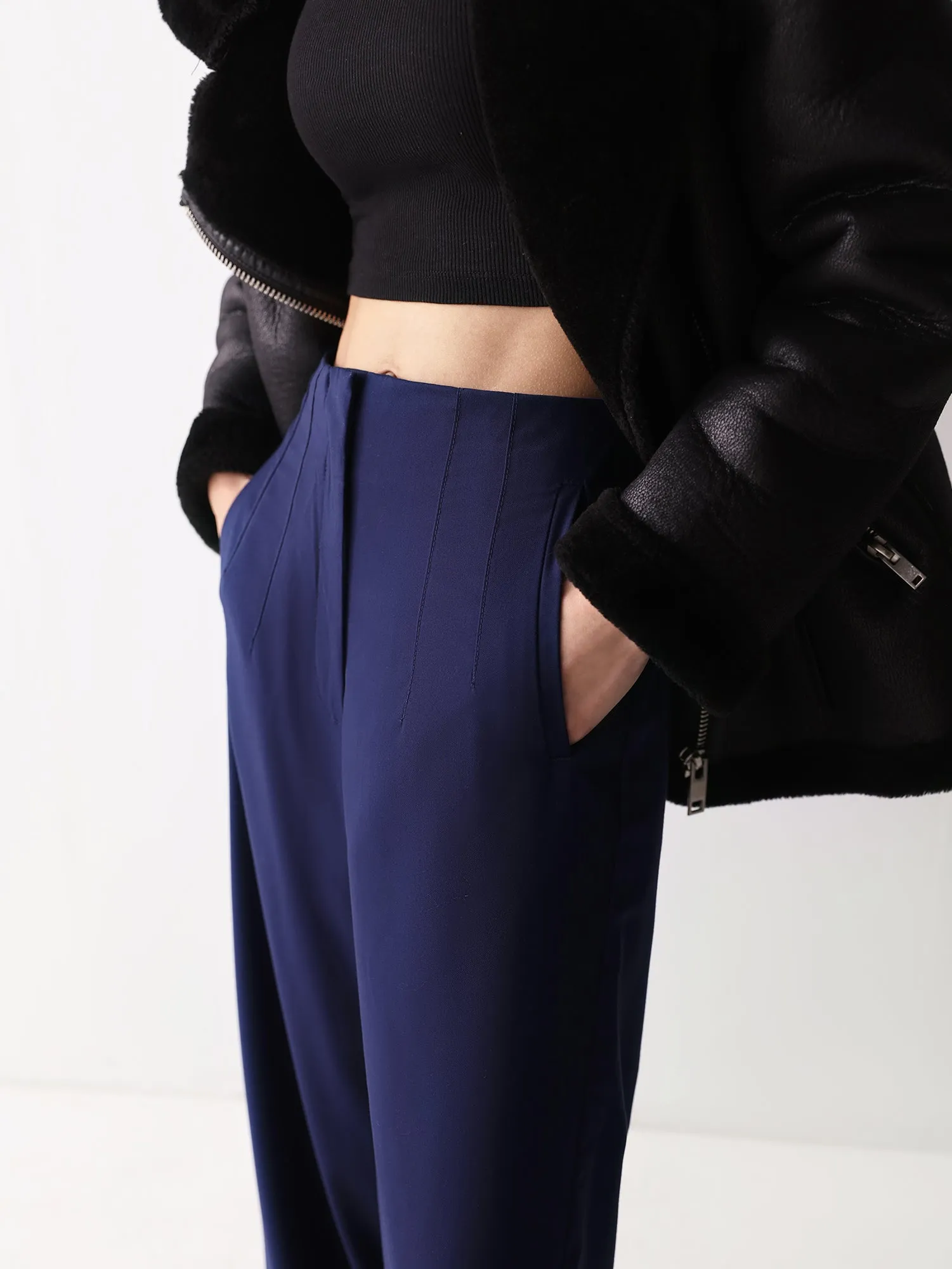 Navy High Waisted Beltless Wide Leg