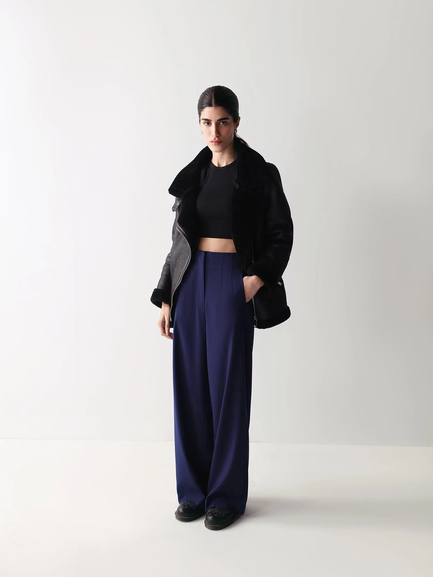 Navy High Waisted Beltless Wide Leg