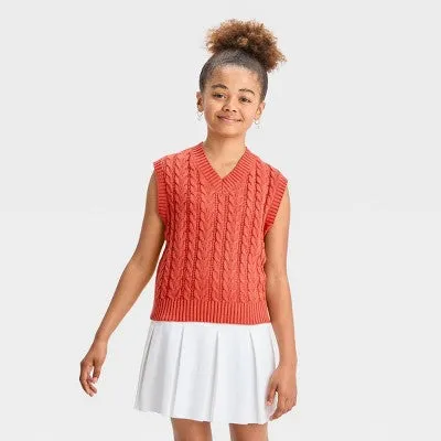 New - Girls' Cable Knit Sweater Vest - art class Coral Orange XS