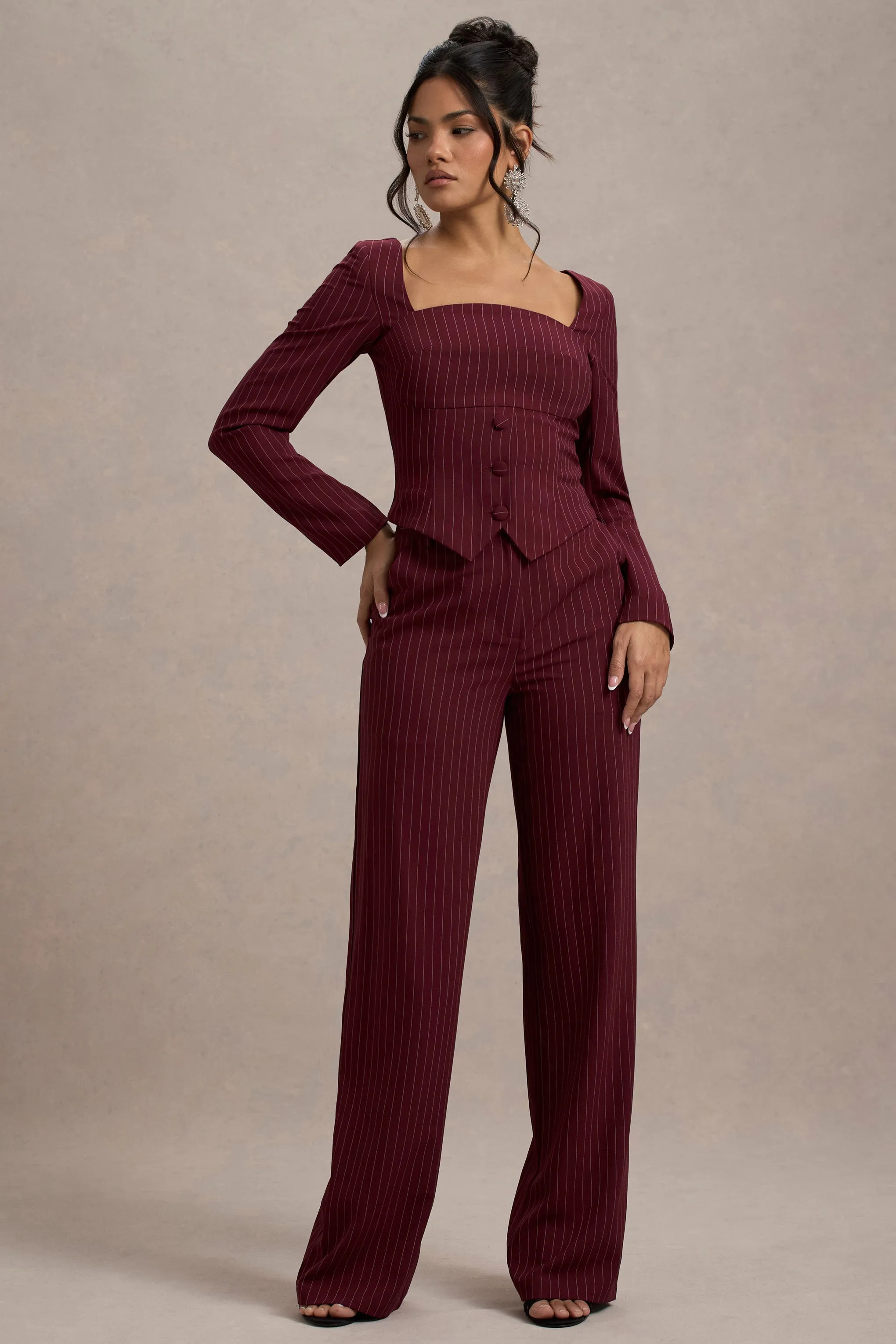 New York | Wine Pinstripe Tailored Wide-Leg Trousers