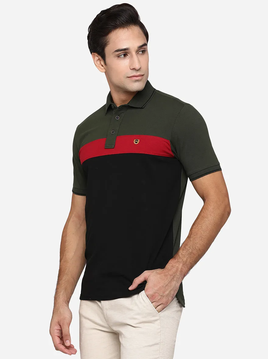 Olive & Black Striped Slim Fit Polo T-Shirt | JadeBlue