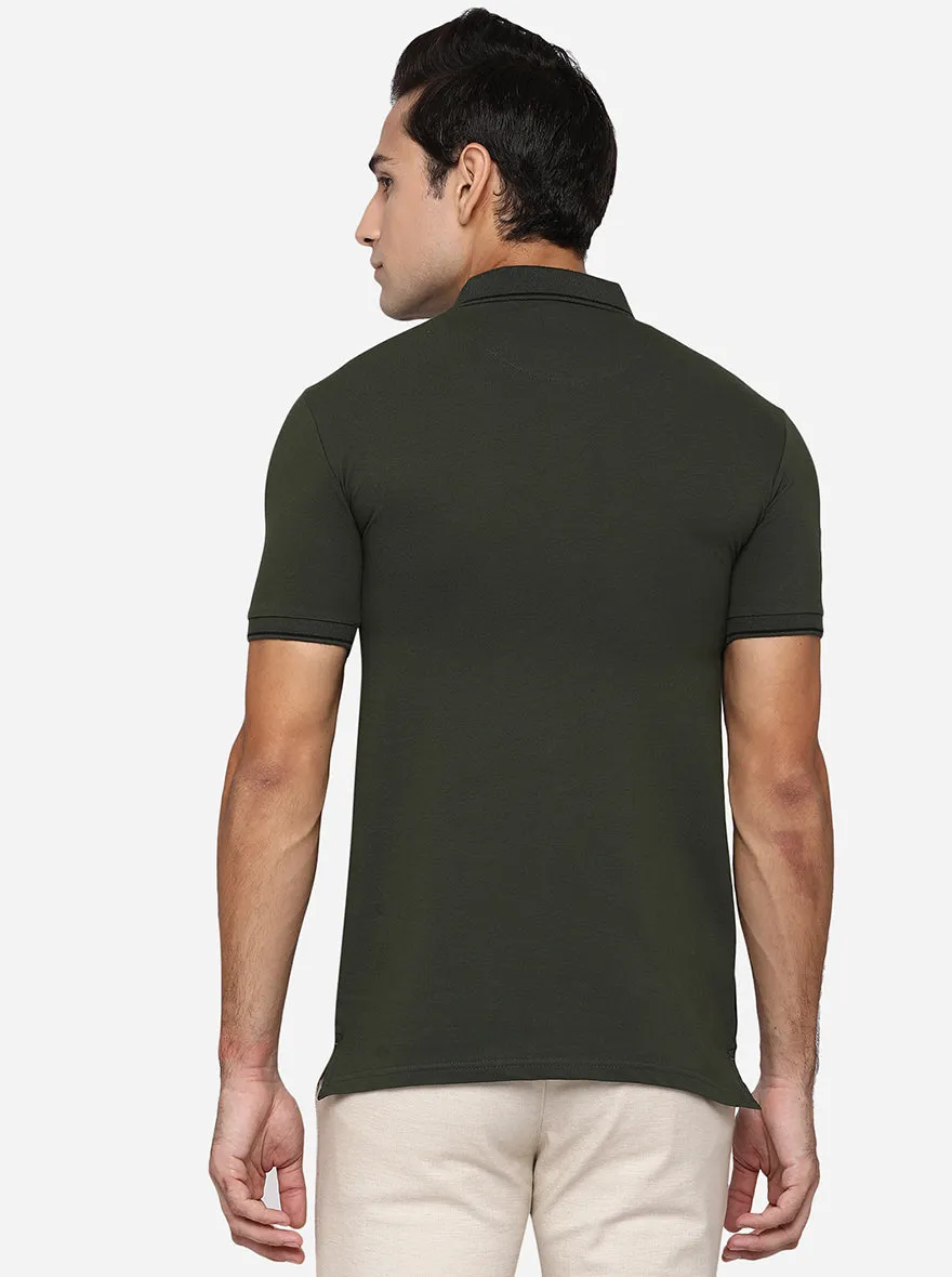 Olive & Black Striped Slim Fit Polo T-Shirt | JadeBlue