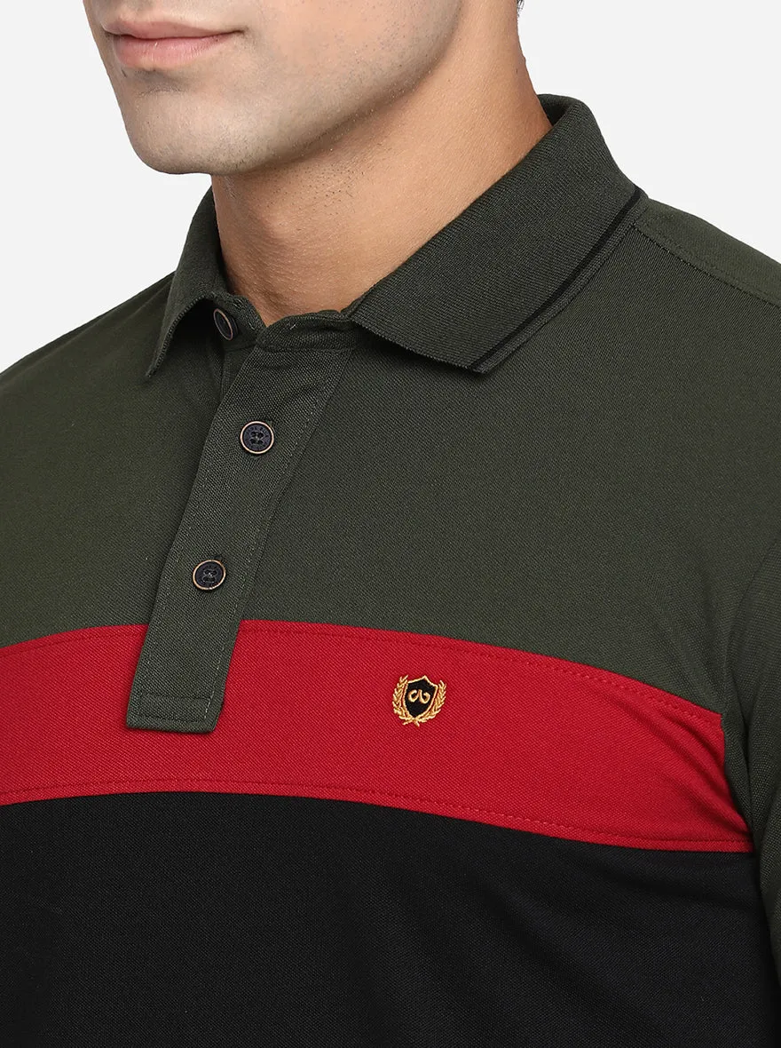 Olive & Black Striped Slim Fit Polo T-Shirt | JadeBlue