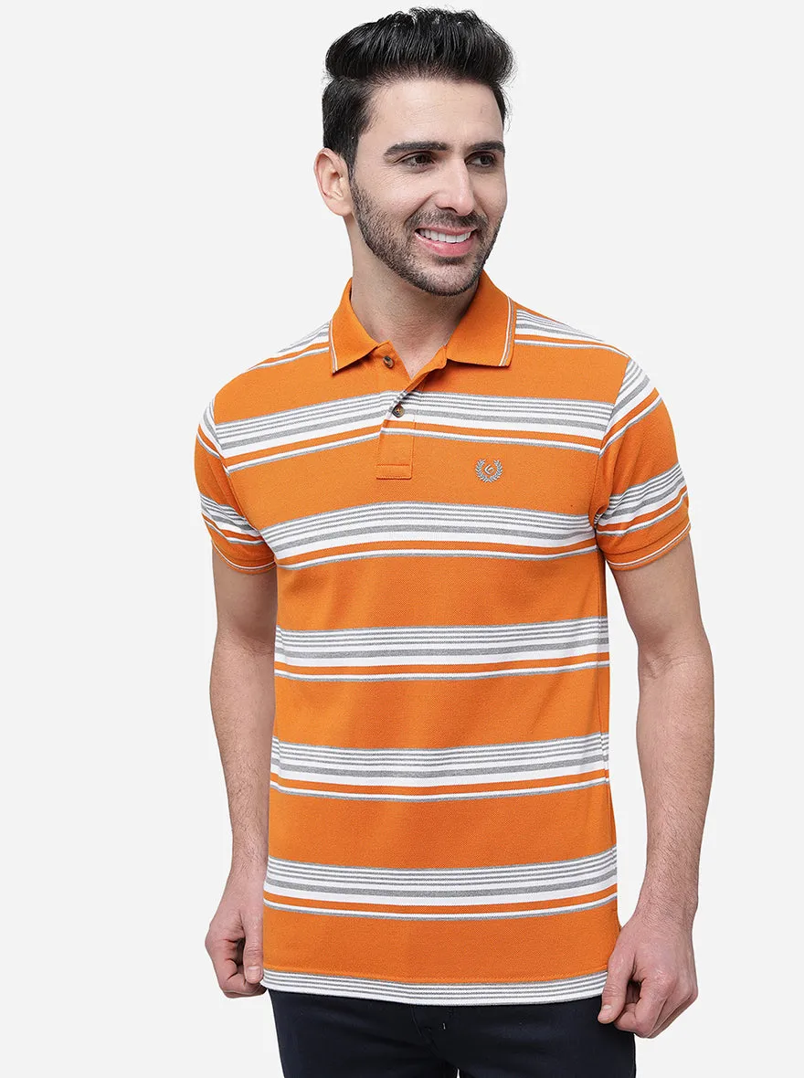 Orange & White Striped Slim Fit Polo T-Shirt | Greenfibre