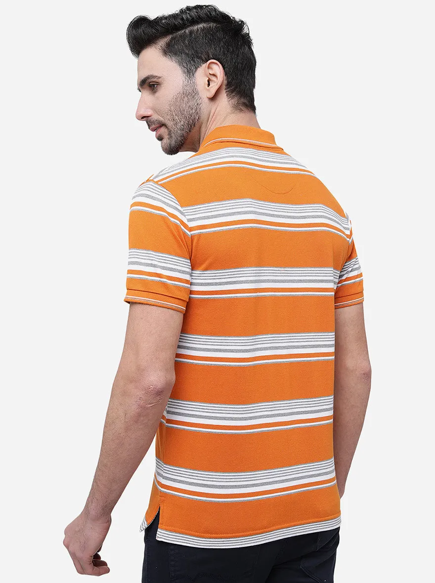 Orange & White Striped Slim Fit Polo T-Shirt | Greenfibre