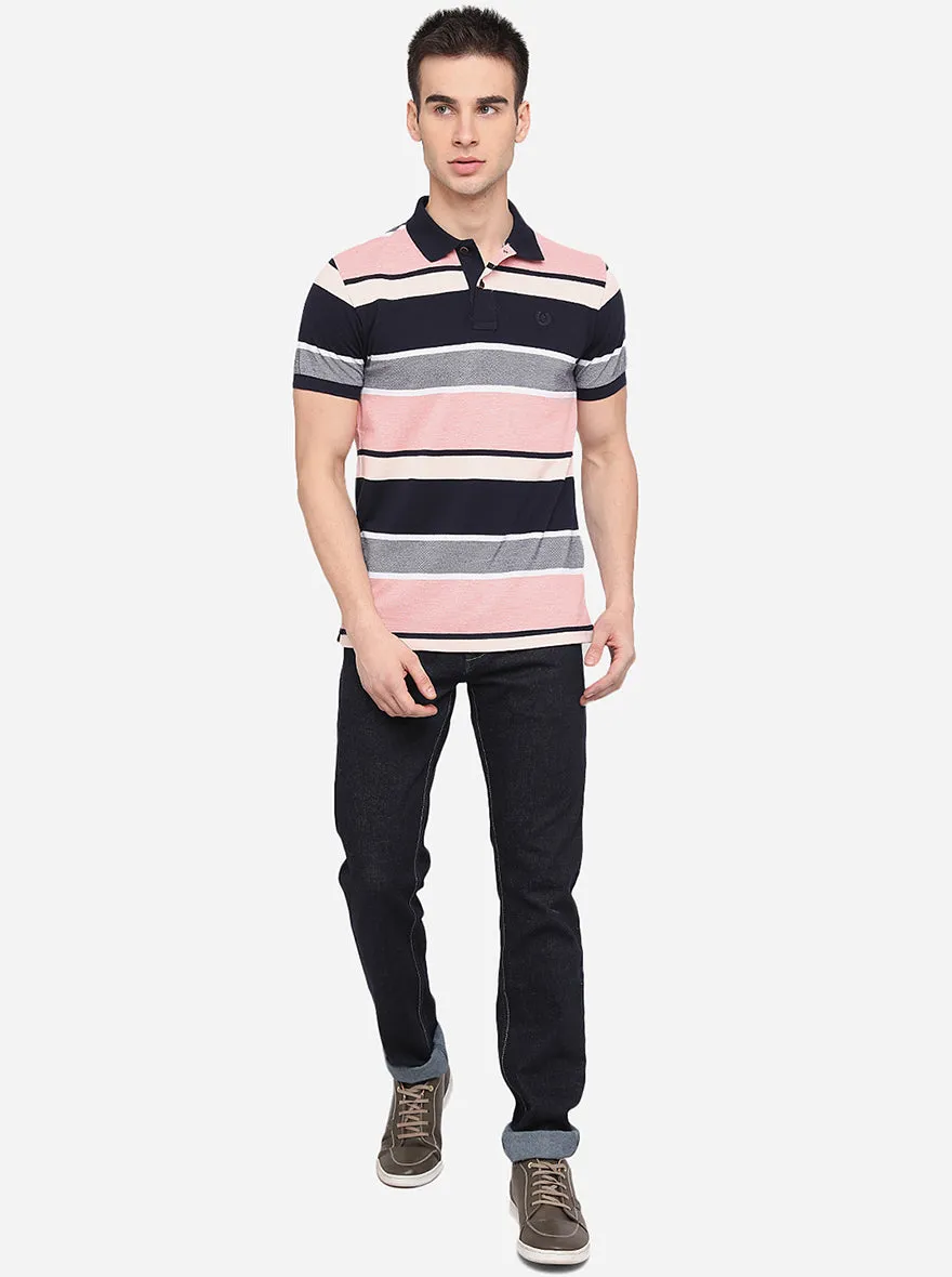 Peach & Black Striped Slim Fit Polo T-Shirt | Greenfibre