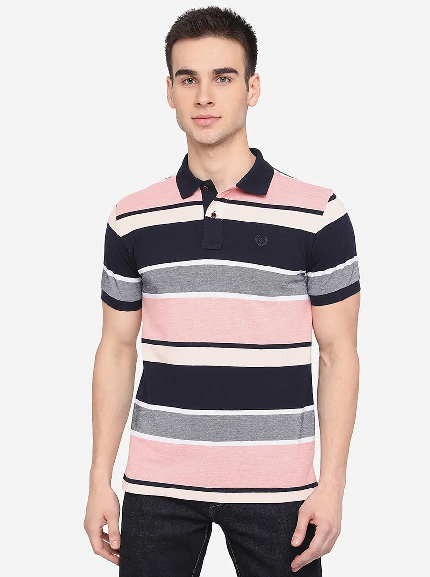 Peach & Black Striped Slim Fit Polo T-Shirt | Greenfibre