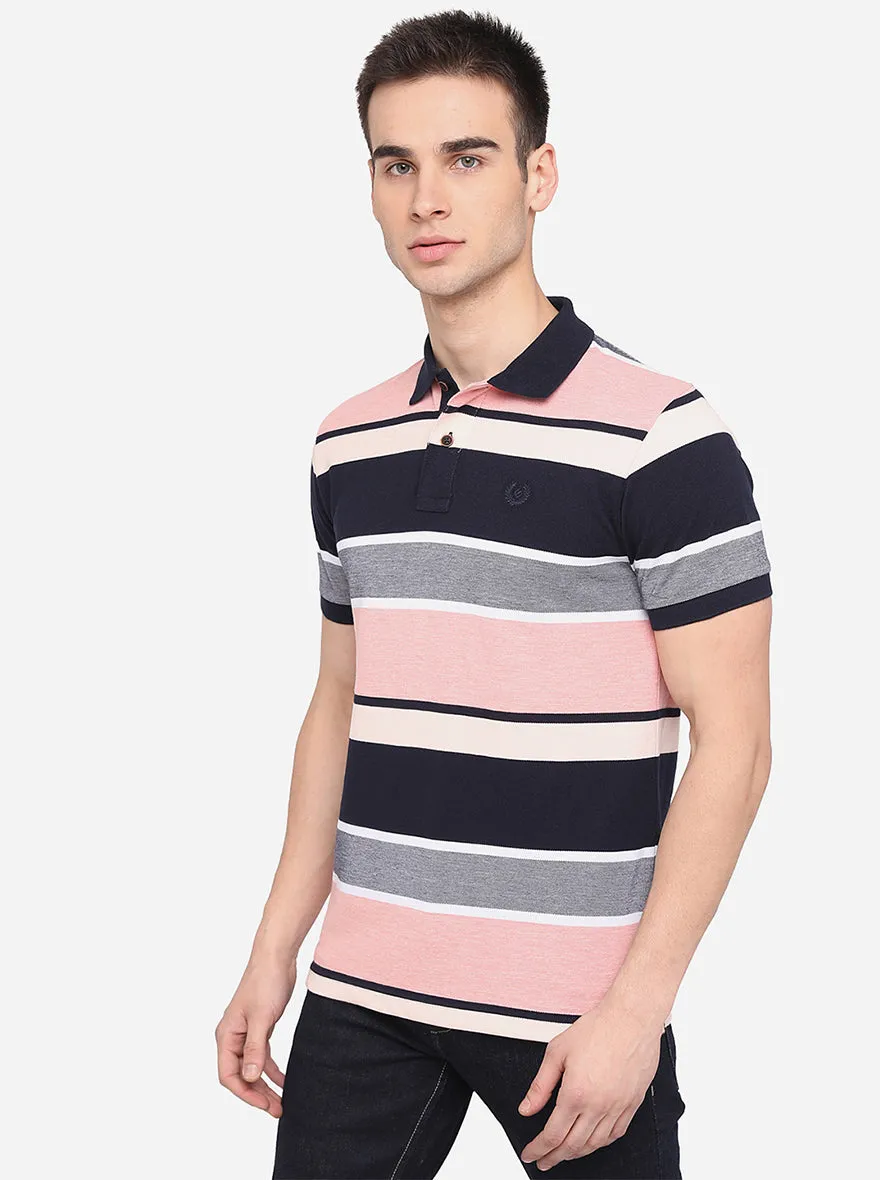 Peach & Black Striped Slim Fit Polo T-Shirt | Greenfibre