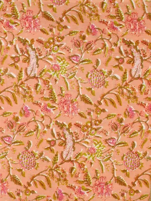 Peach Pink Green Hand Block Printed Cotton Fabric Per Meter - F001F2300