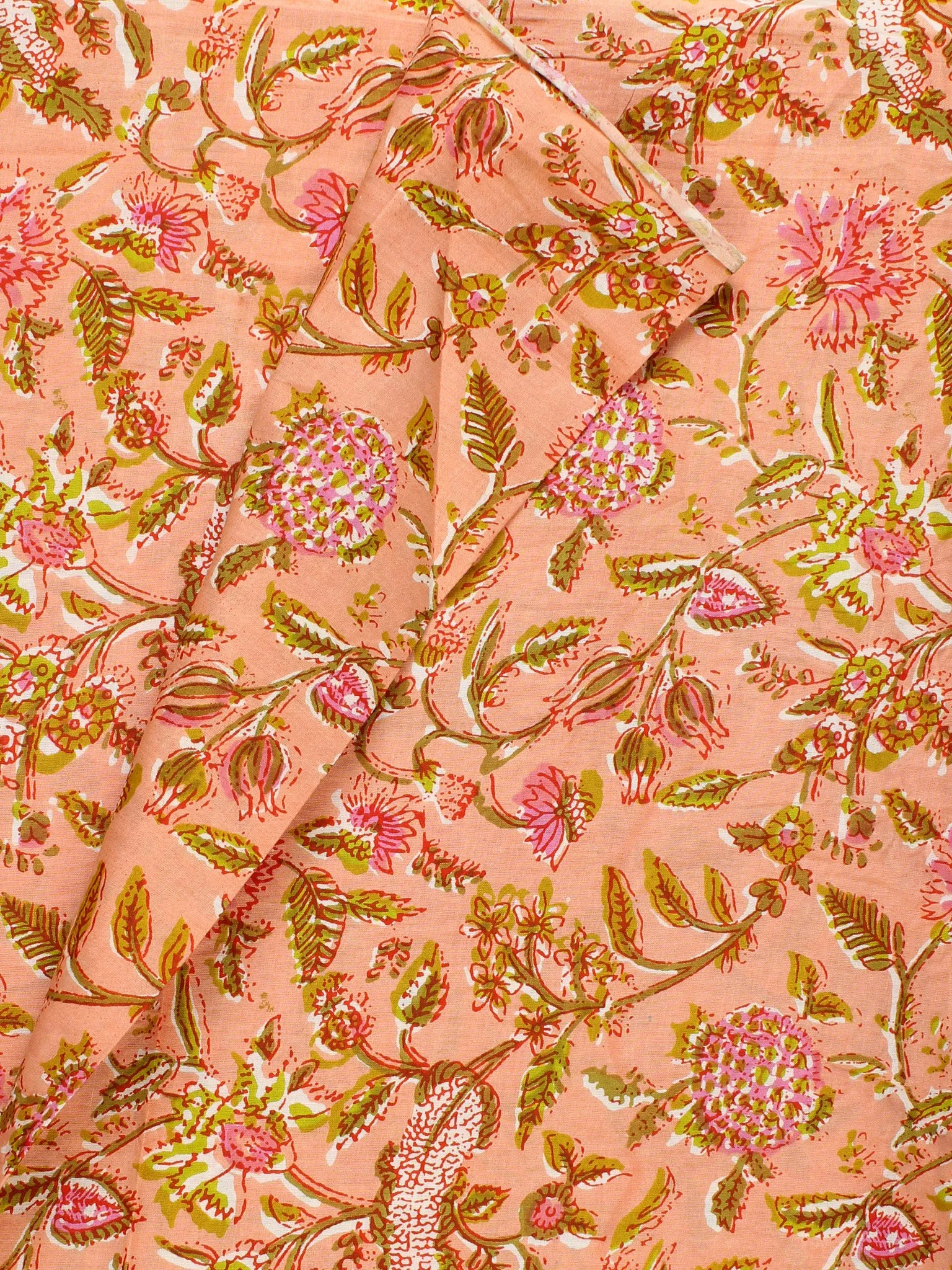 Peach Pink Green Hand Block Printed Cotton Fabric Per Meter - F001F2300