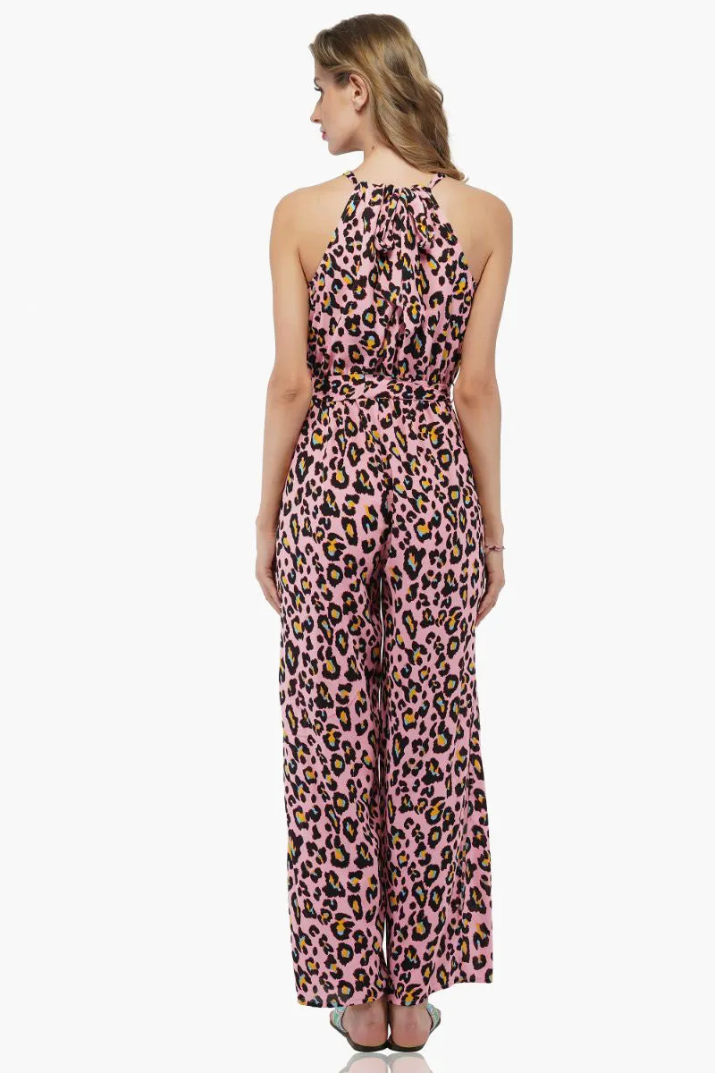 Pink Jaguar Jumpsuit-Pink Animal Print Jumpsuit For Women