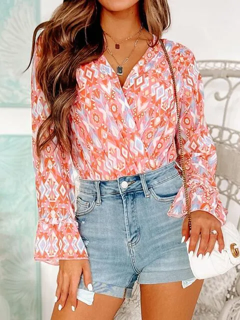 Printed Surplice Neck Frill Trim Bodysuit