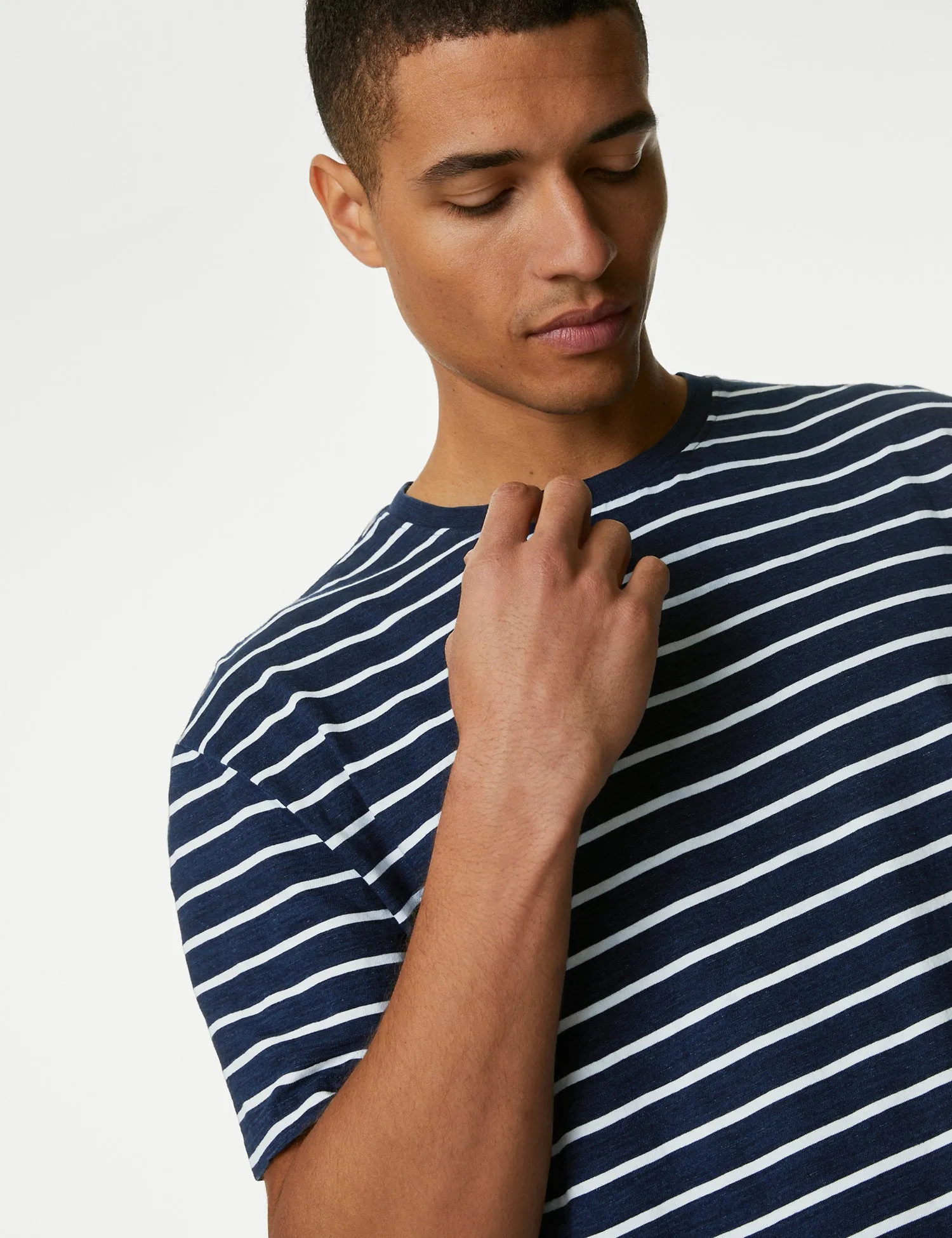 Pure Cotton Emroidered M&S Logo Striped T-Shirt