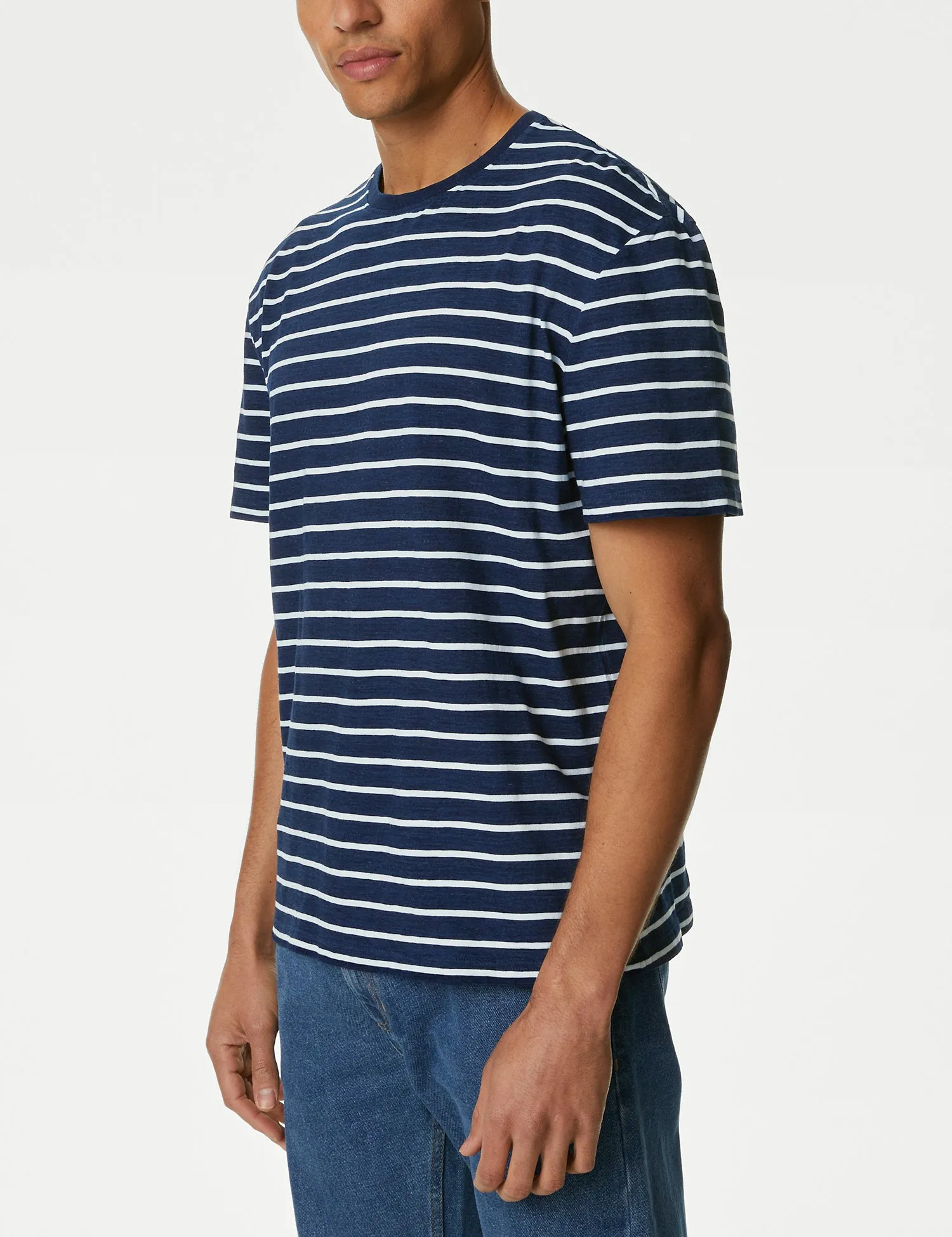 Pure Cotton Emroidered M&S Logo Striped T-Shirt