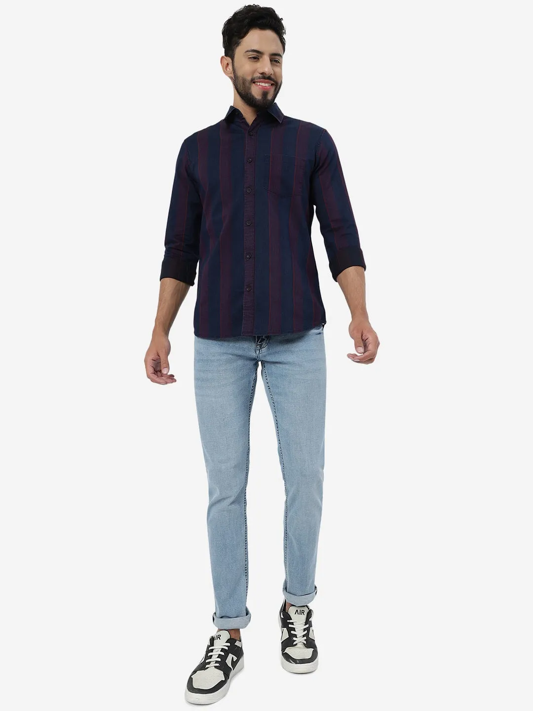 Red & Indigo Blue Striped Slim Fit Casual Shirt | JadeBlue