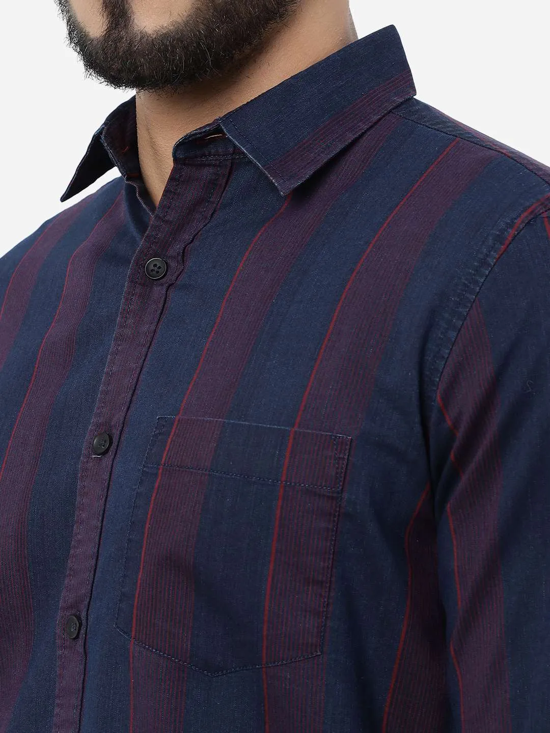 Red & Indigo Blue Striped Slim Fit Casual Shirt | JadeBlue