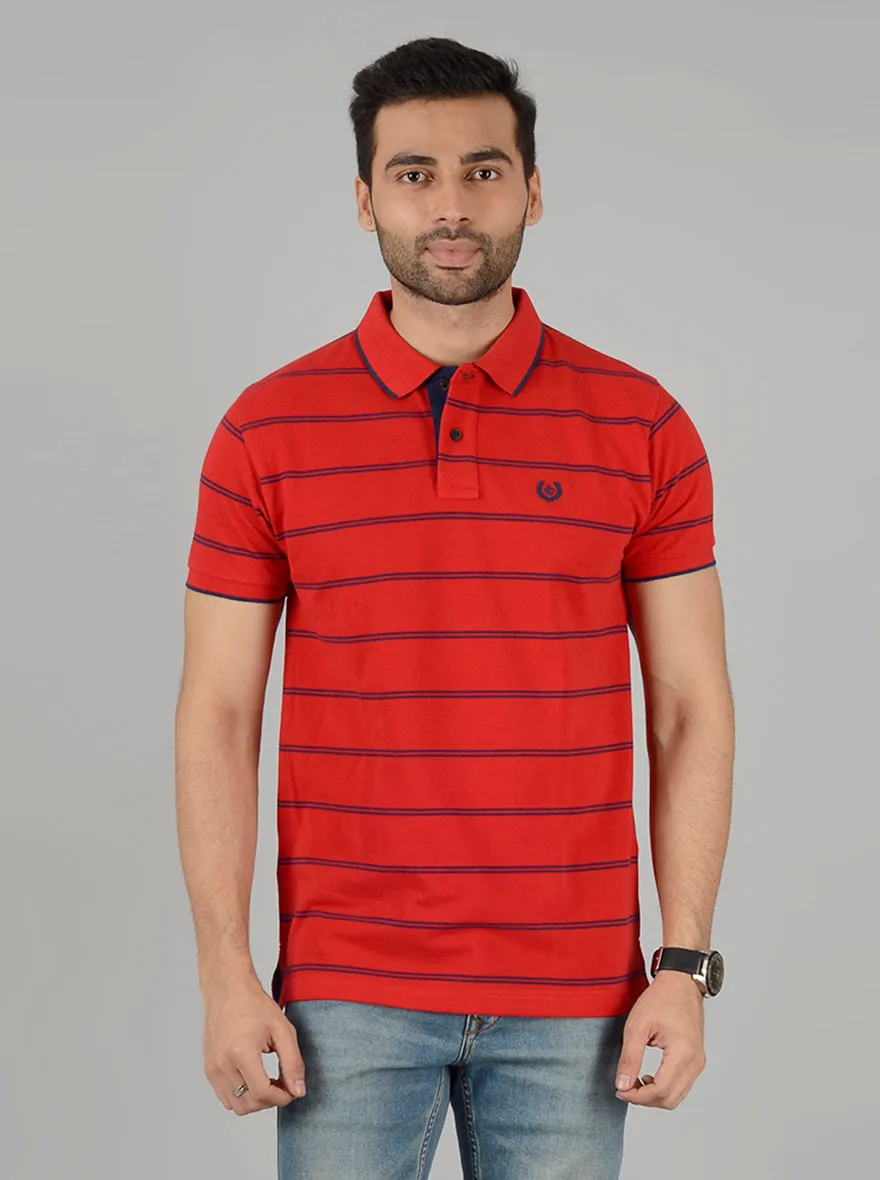 Red & Navy Blue Striped Slim Fit Polo T-Shirt | Greenfibre