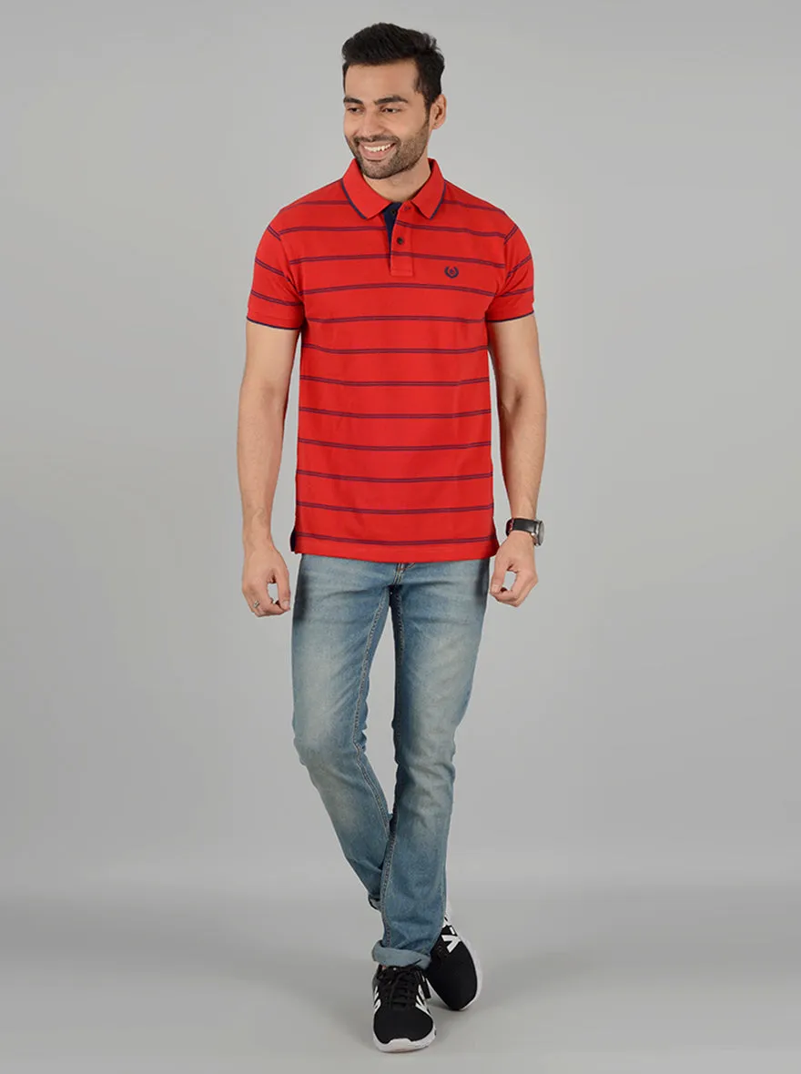 Red & Navy Blue Striped Slim Fit Polo T-Shirt | Greenfibre