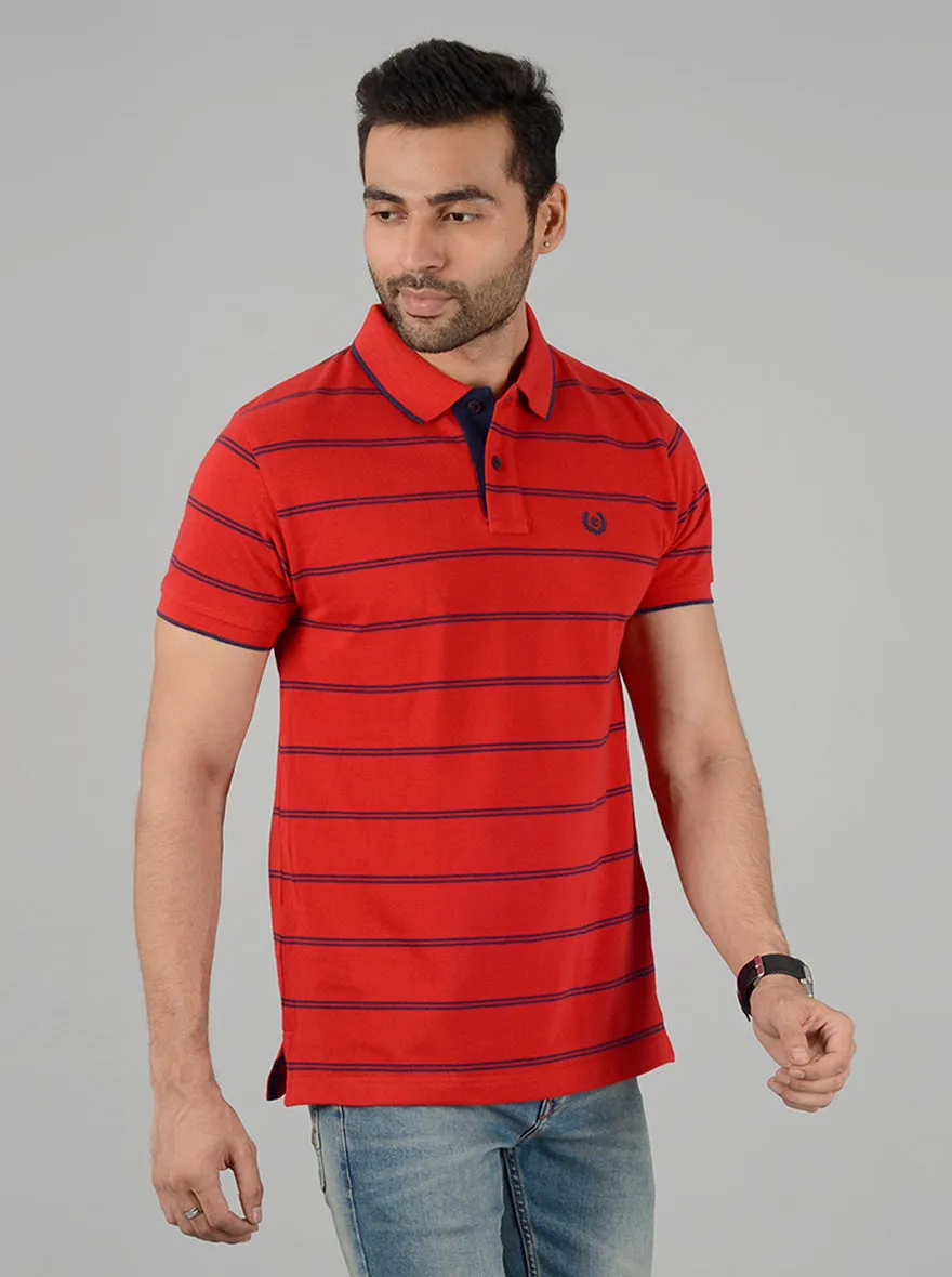 Red & Navy Blue Striped Slim Fit Polo T-Shirt | Greenfibre