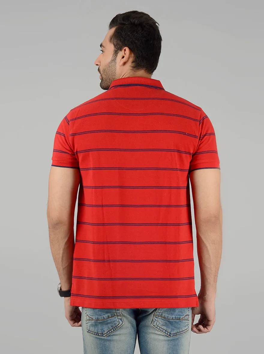 Red & Navy Blue Striped Slim Fit Polo T-Shirt | Greenfibre