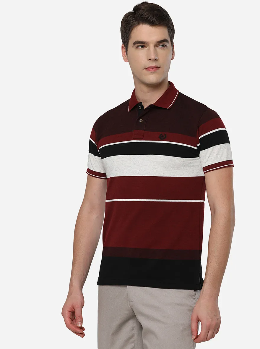 Red & Wine Striped Slim Fit Polo T-Shirt | Greenfibre