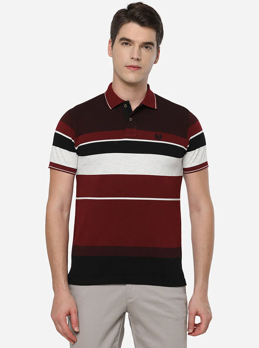 Red & Wine Striped Slim Fit Polo T-Shirt | Greenfibre