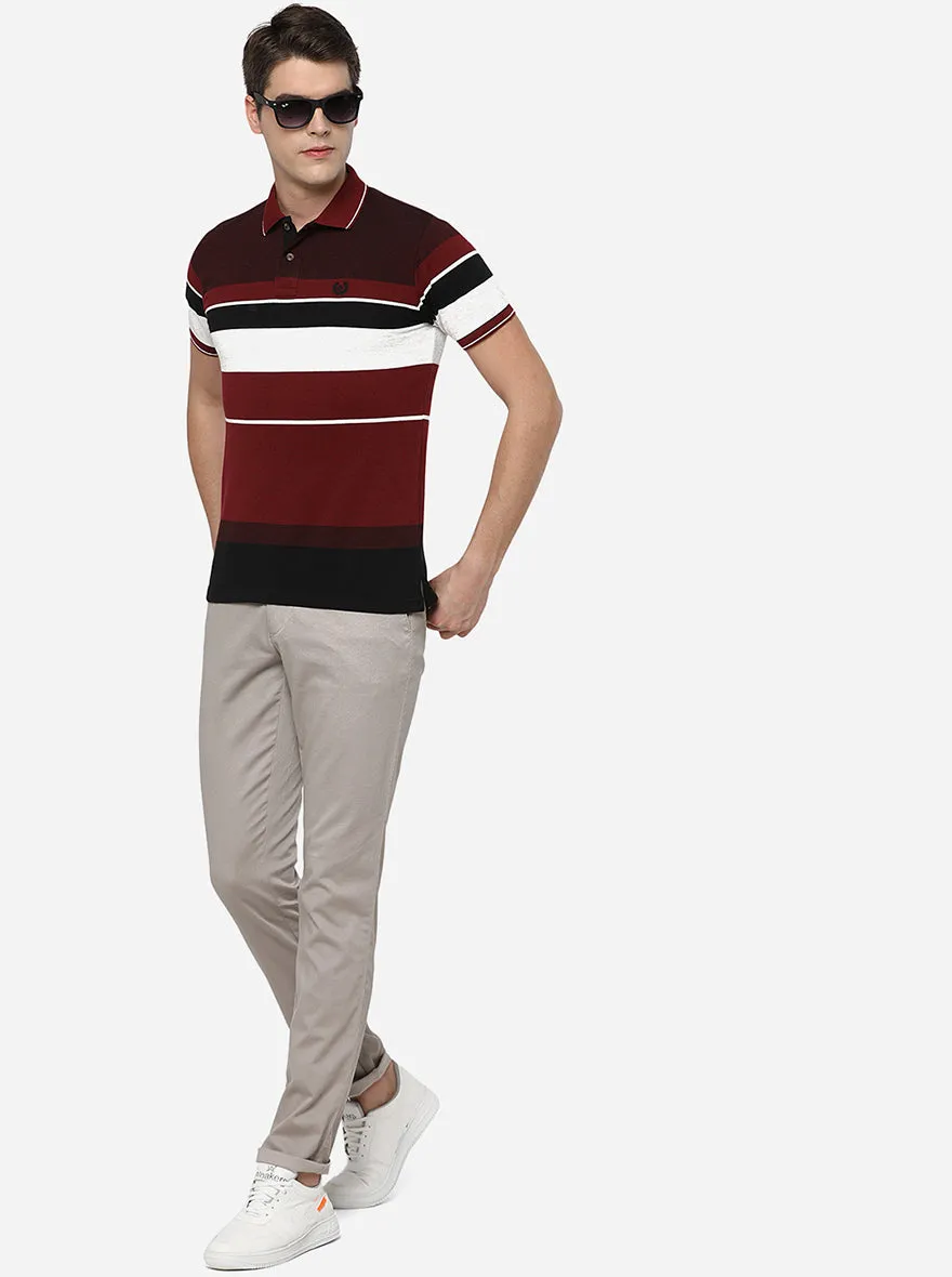 Red & Wine Striped Slim Fit Polo T-Shirt | Greenfibre