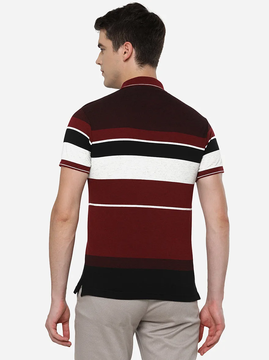 Red & Wine Striped Slim Fit Polo T-Shirt | Greenfibre