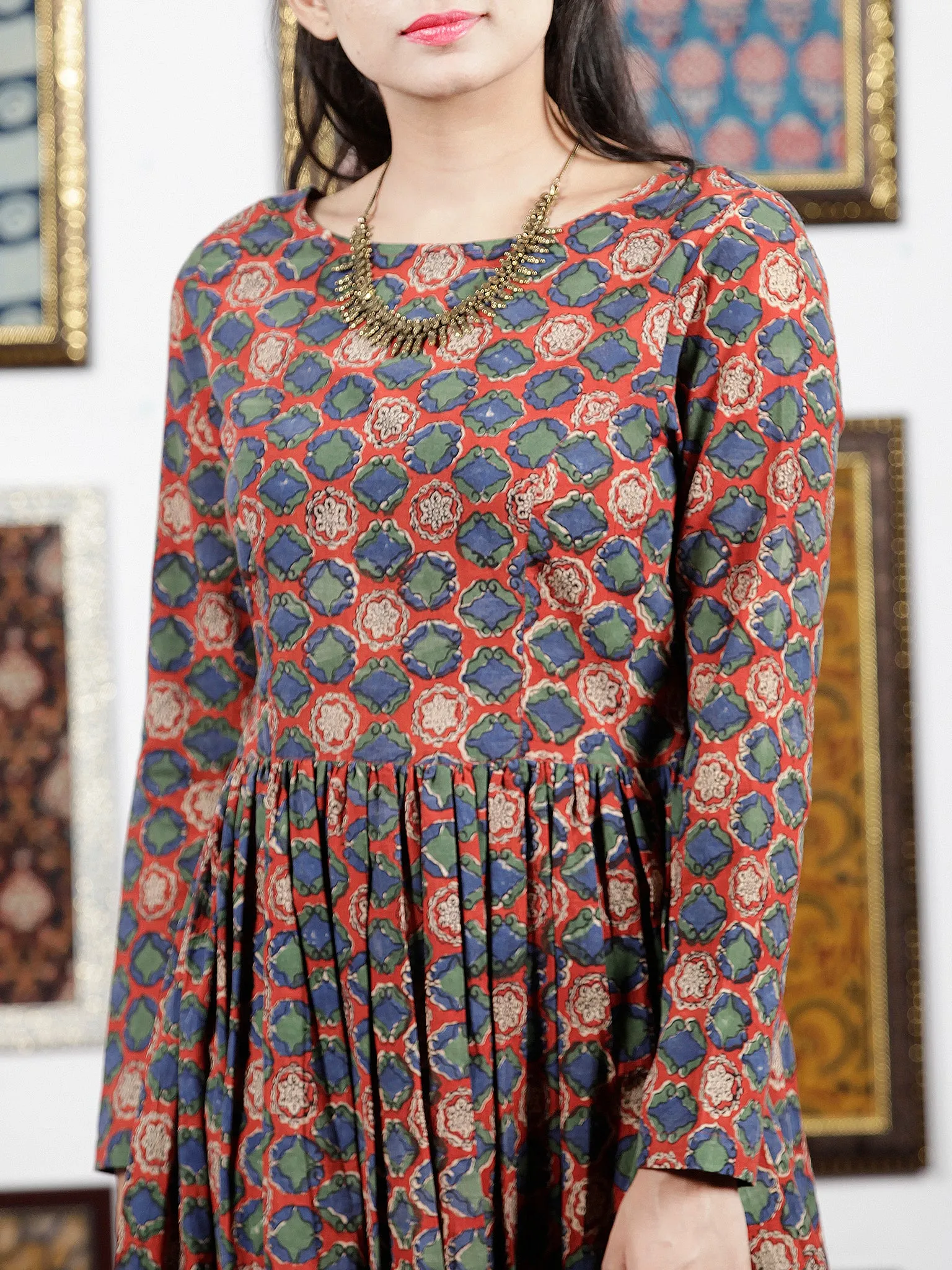 Red Teal Green Indigo Ivory Black Hand Block Printed Cotton  Midi Dress - D105F1316