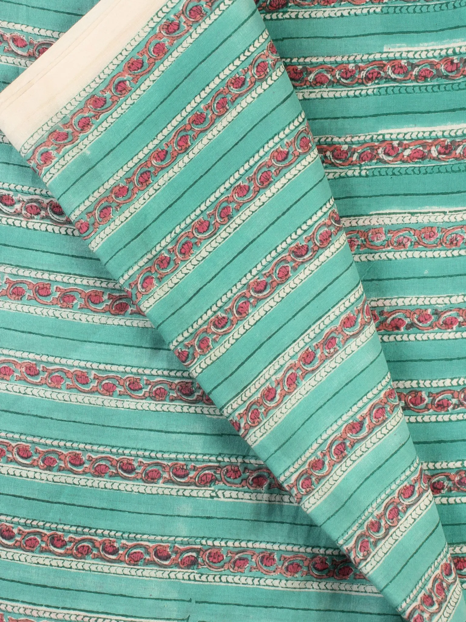 Sea Green Pink Hand Block Printed Cotton Fabric Per Meter - F001F2196