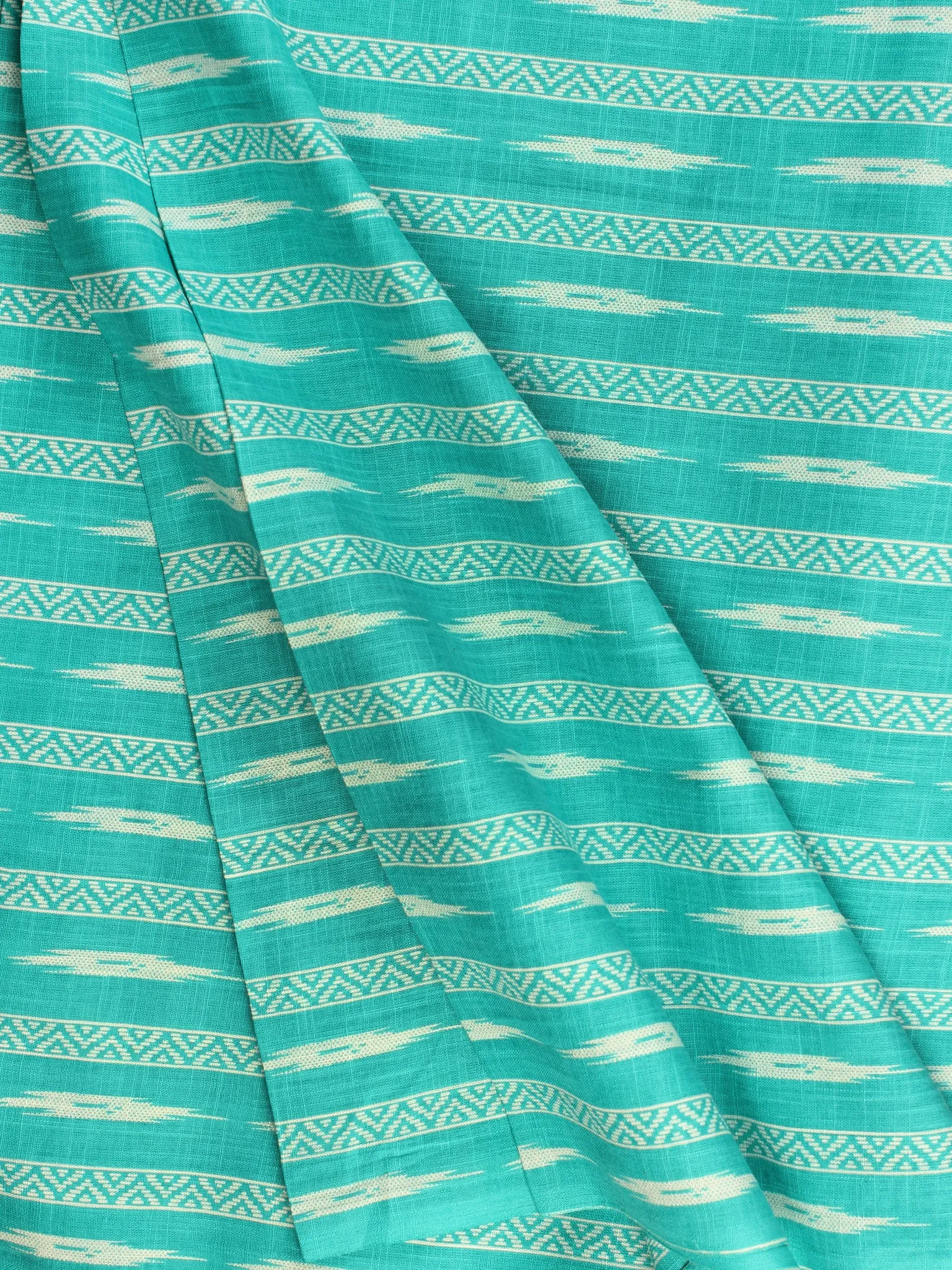 Sea Green White Block Printed Cotton Fabric Per Meter - F001F2194