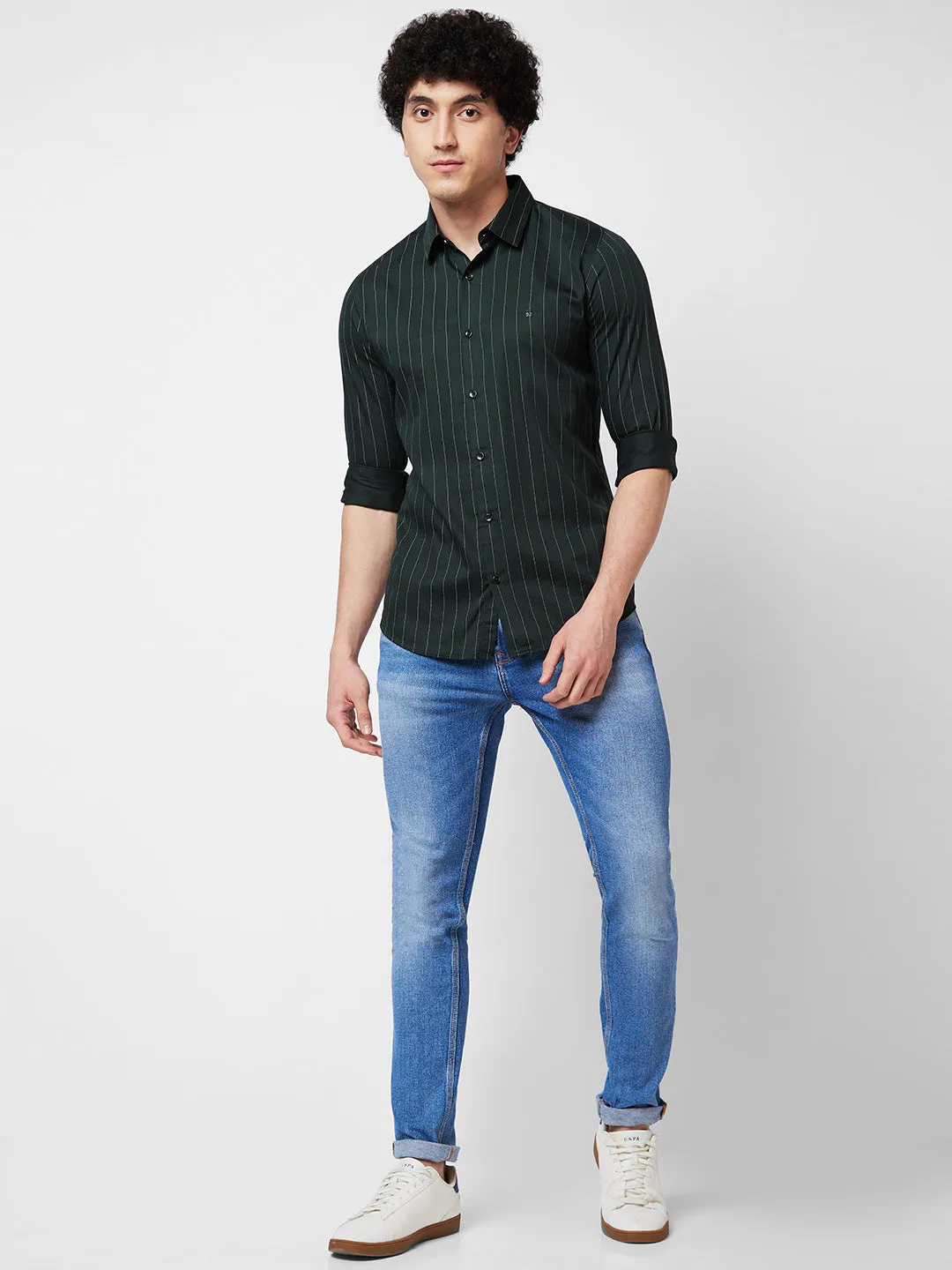 Spykar Green STRIPED FULL SLEEVE Shirt For Men