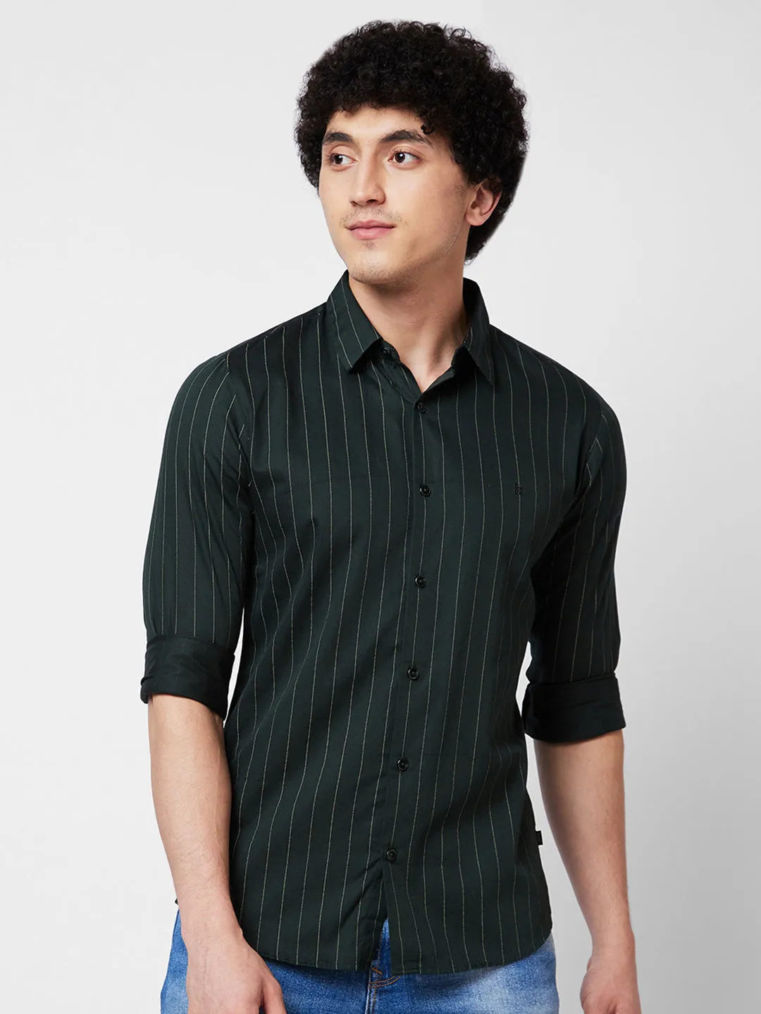 Spykar Green STRIPED FULL SLEEVE Shirt For Men