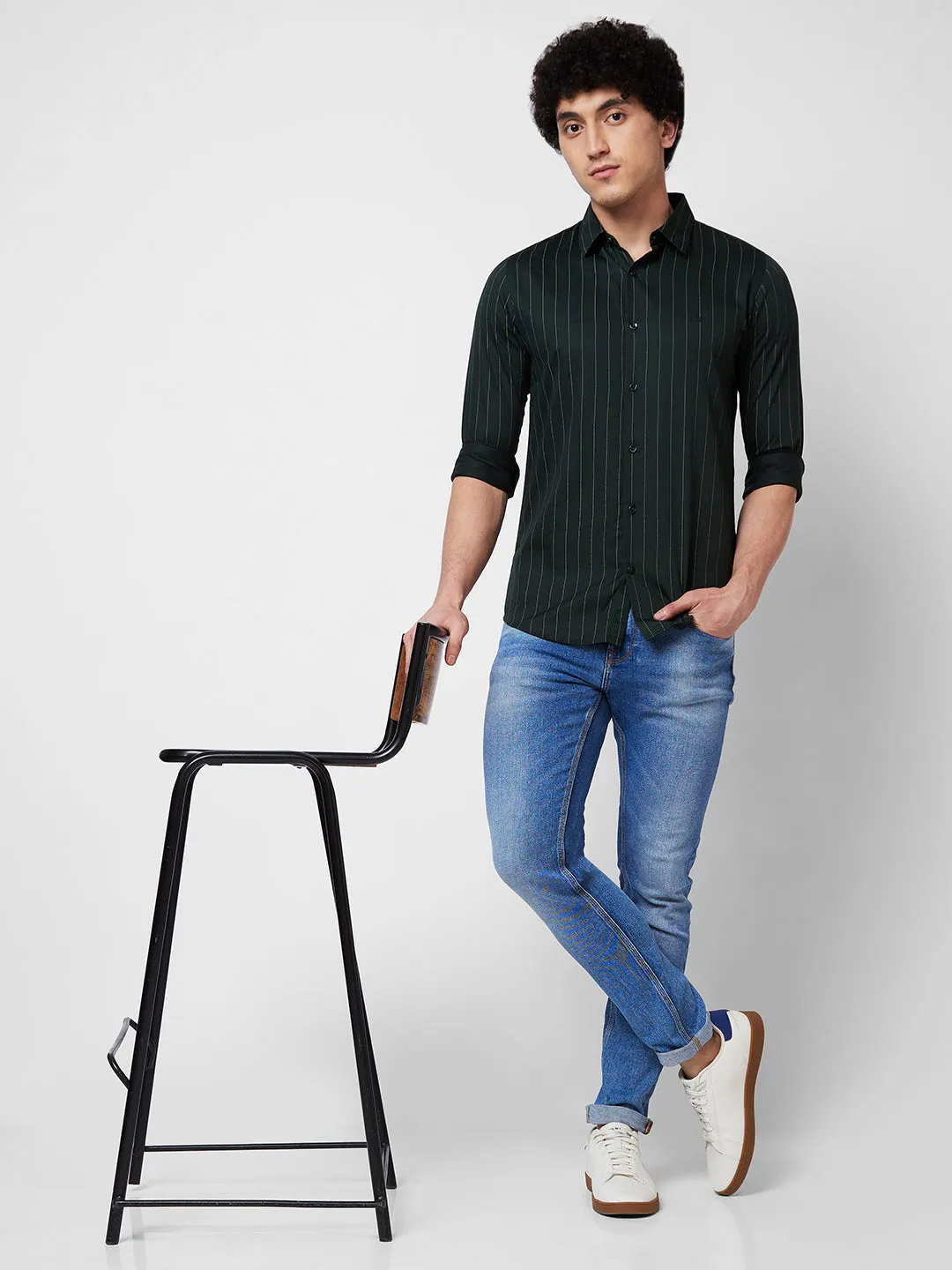 Spykar Green STRIPED FULL SLEEVE Shirt For Men