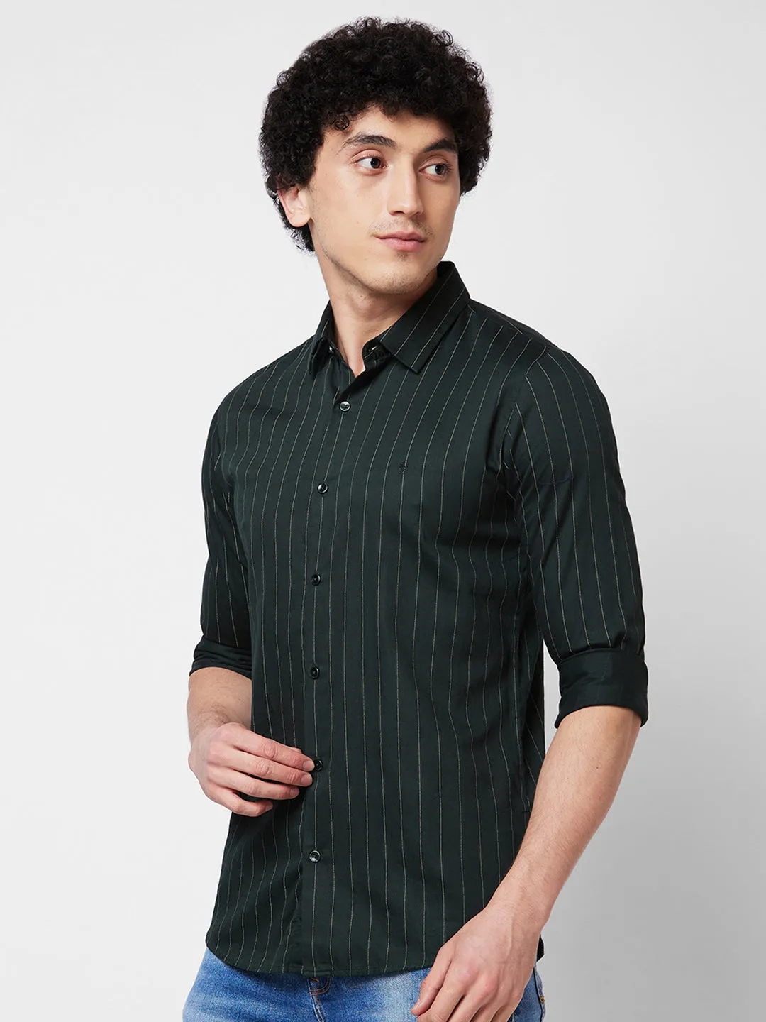 Spykar Green STRIPED FULL SLEEVE Shirt For Men