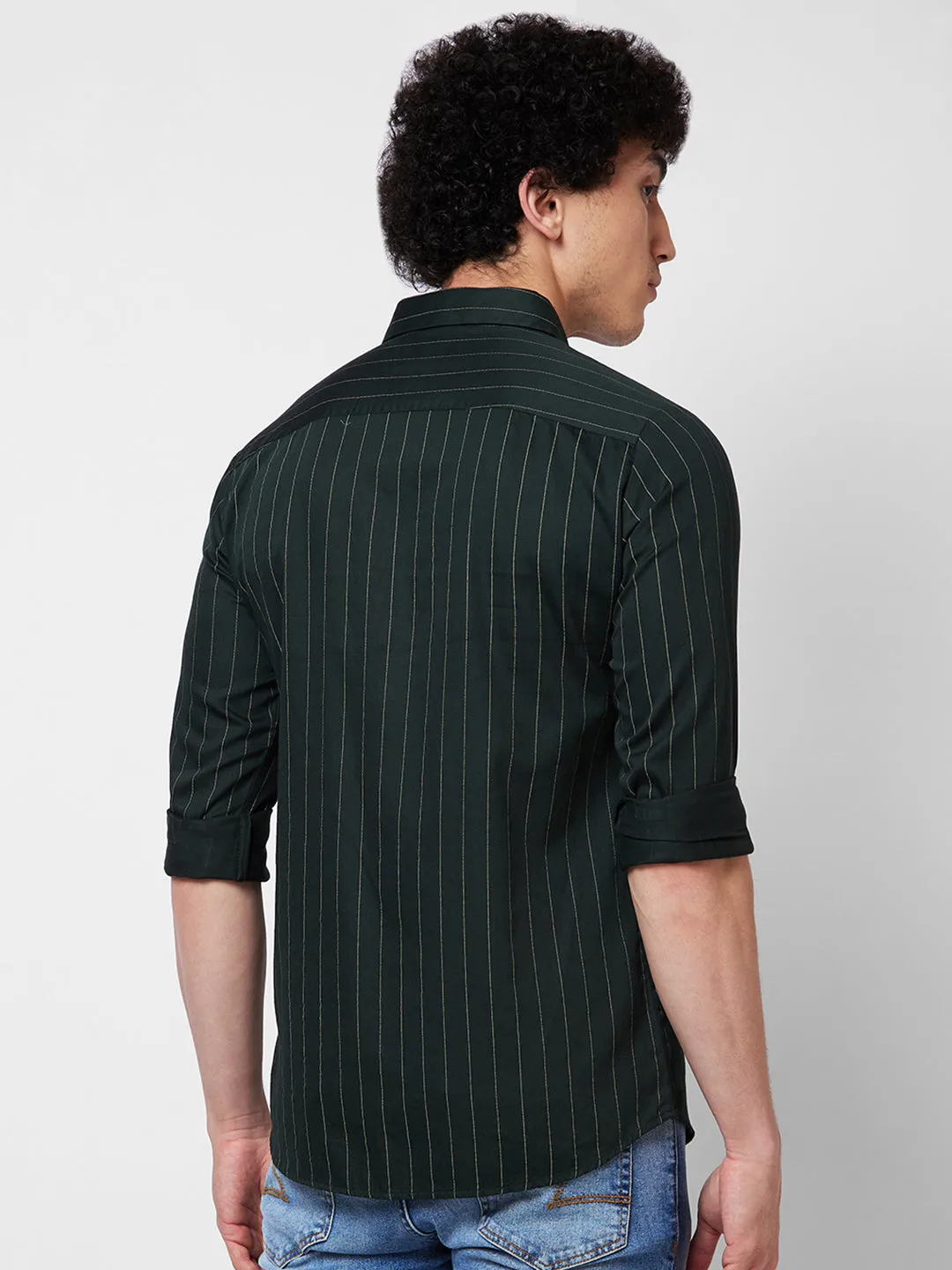 Spykar Green STRIPED FULL SLEEVE Shirt For Men