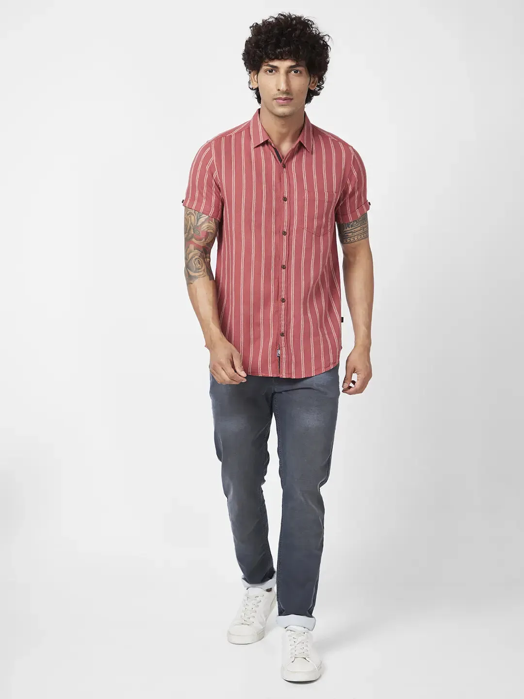 Spykar Men Brick Red Cotton Slim Fit Half Sleeve Casual Striped Shirt