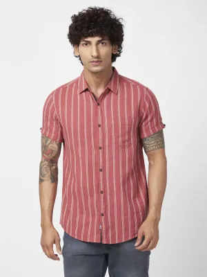 Spykar Men Brick Red Cotton Slim Fit Half Sleeve Casual Striped Shirt