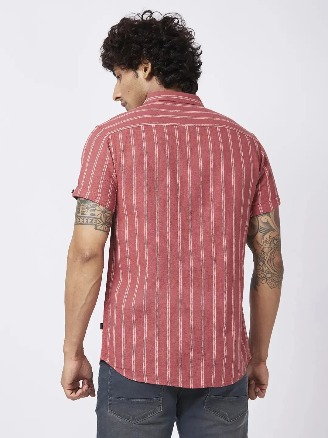 Spykar Men Brick Red Cotton Slim Fit Half Sleeve Casual Striped Shirt