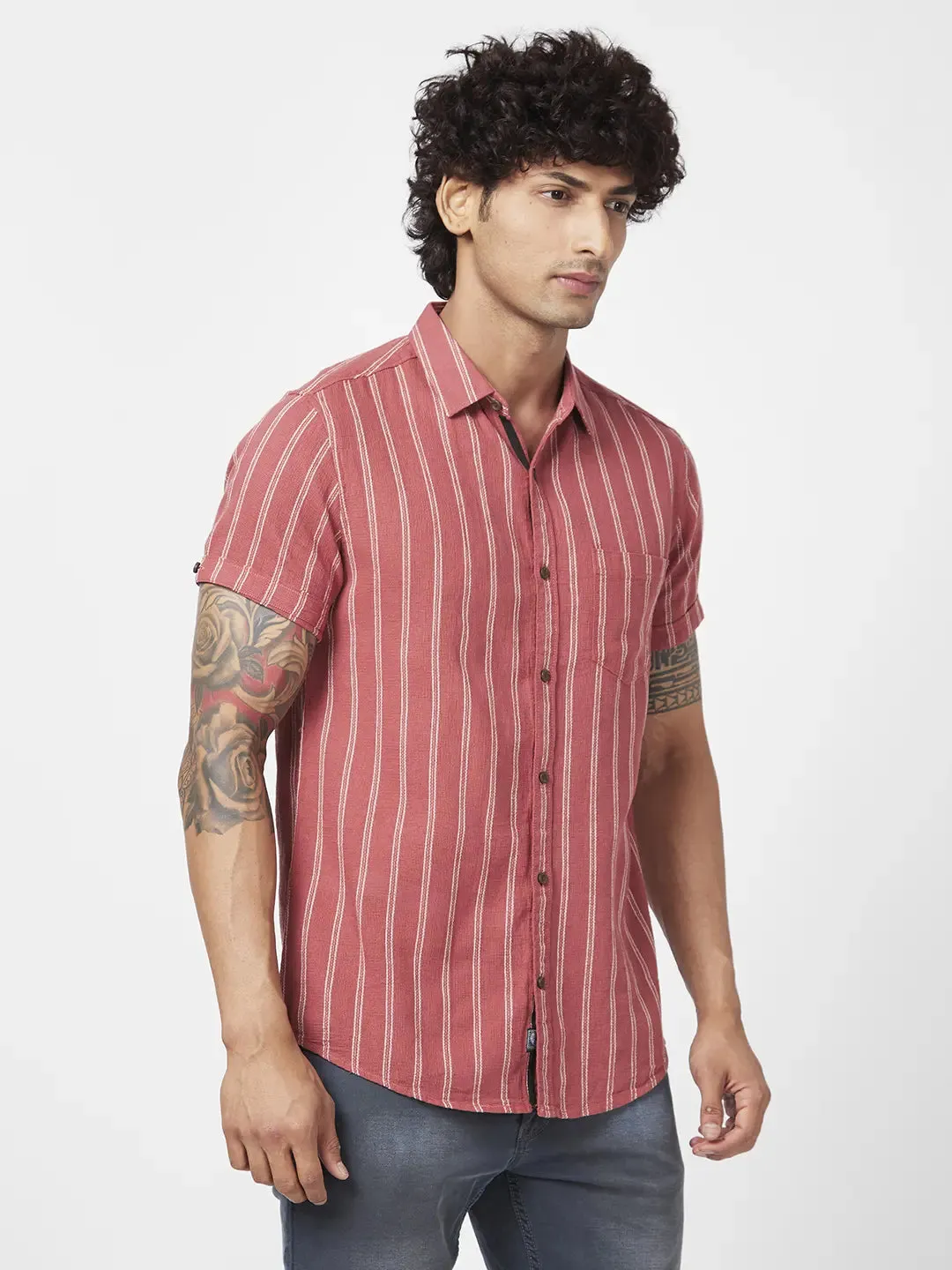 Spykar Men Brick Red Cotton Slim Fit Half Sleeve Casual Striped Shirt