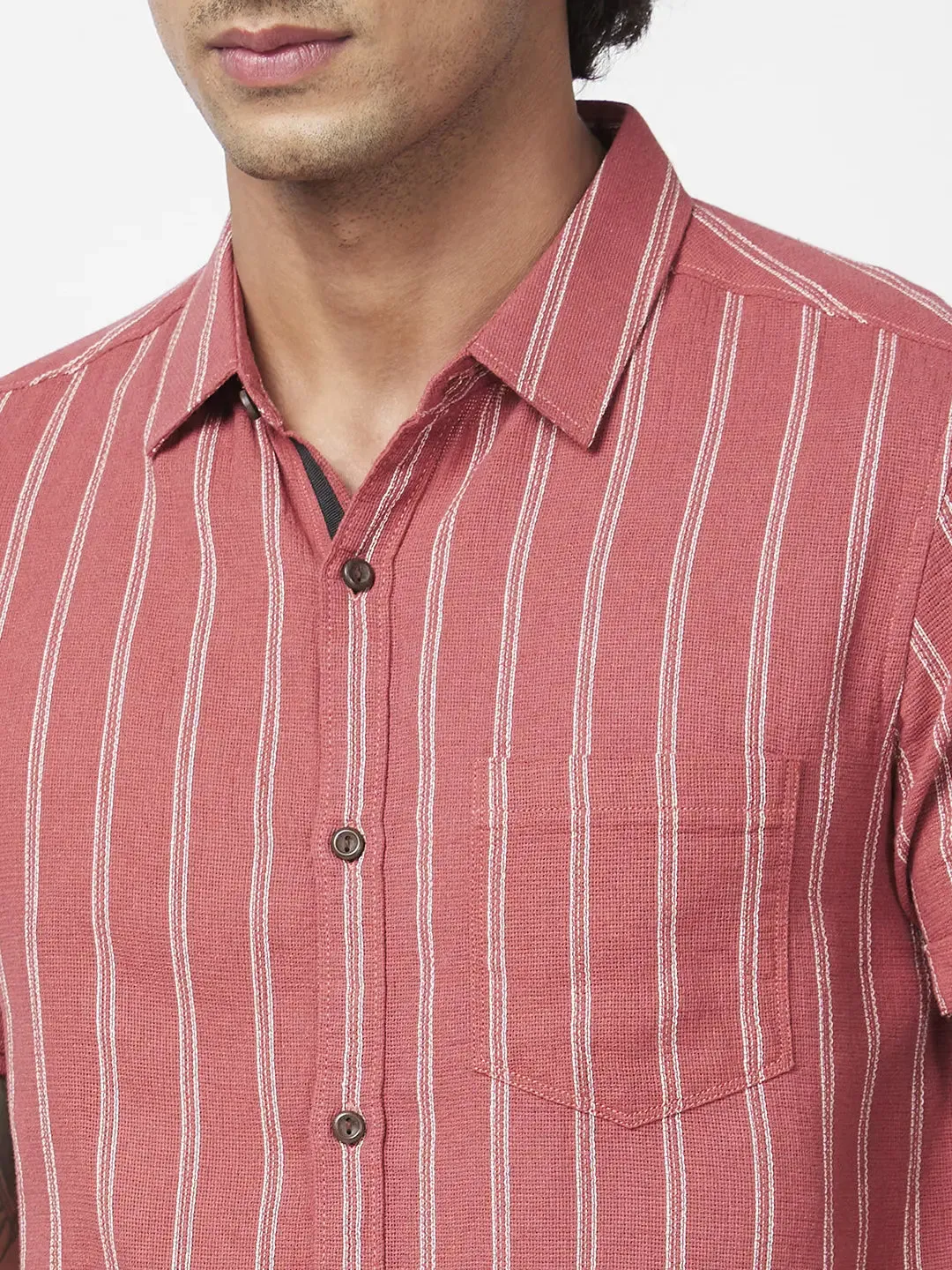 Spykar Men Brick Red Cotton Slim Fit Half Sleeve Casual Striped Shirt