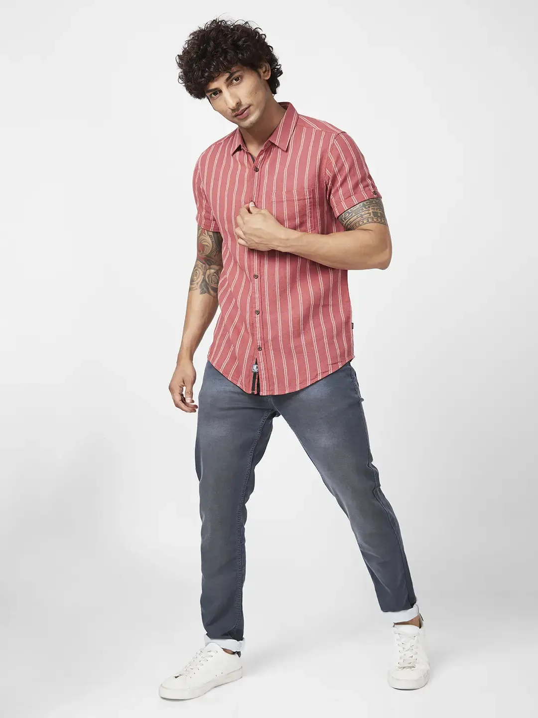 Spykar Men Brick Red Cotton Slim Fit Half Sleeve Casual Striped Shirt